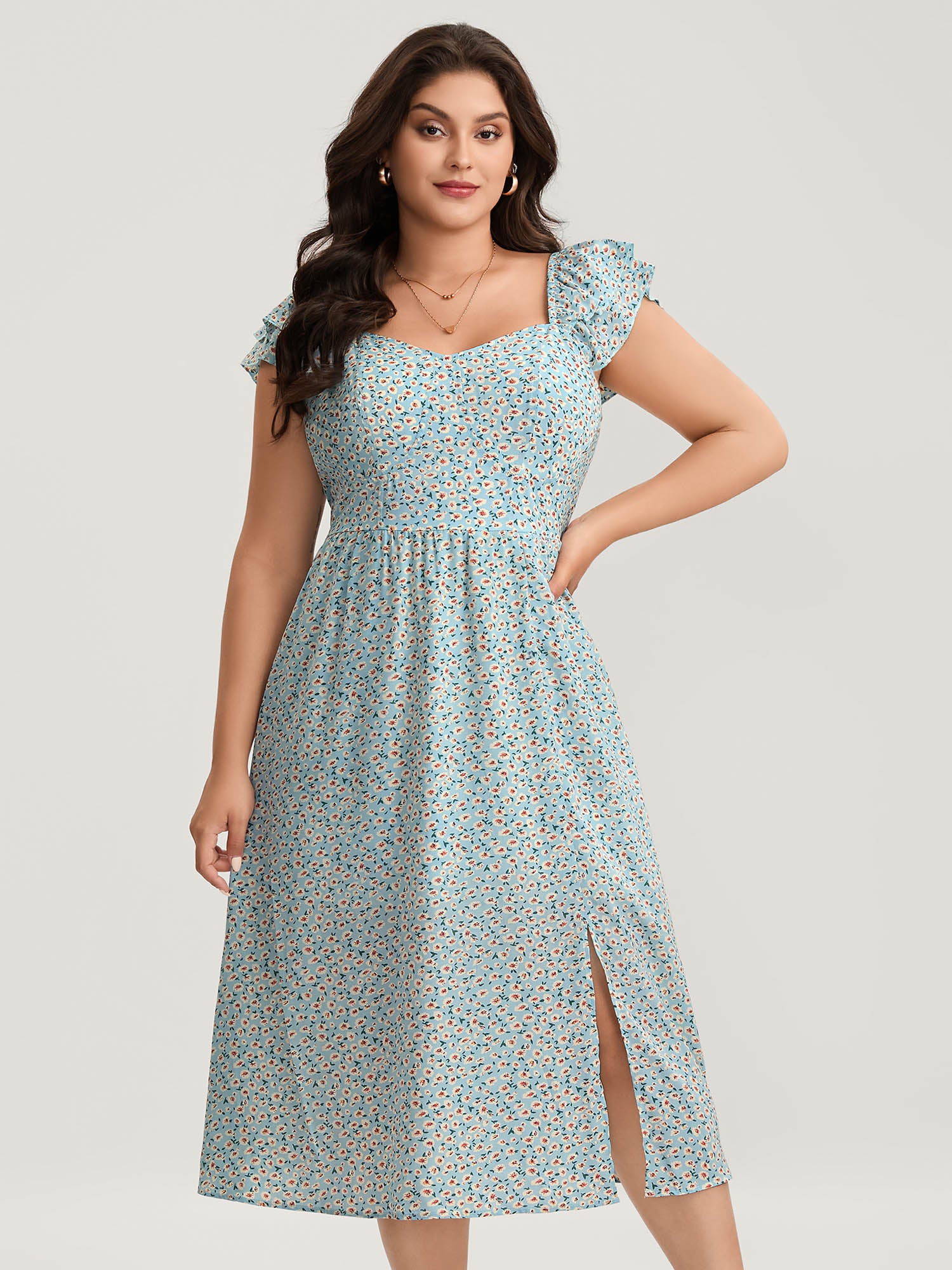 Ditsy Floral Print Layered Ruffle Midi Dress
