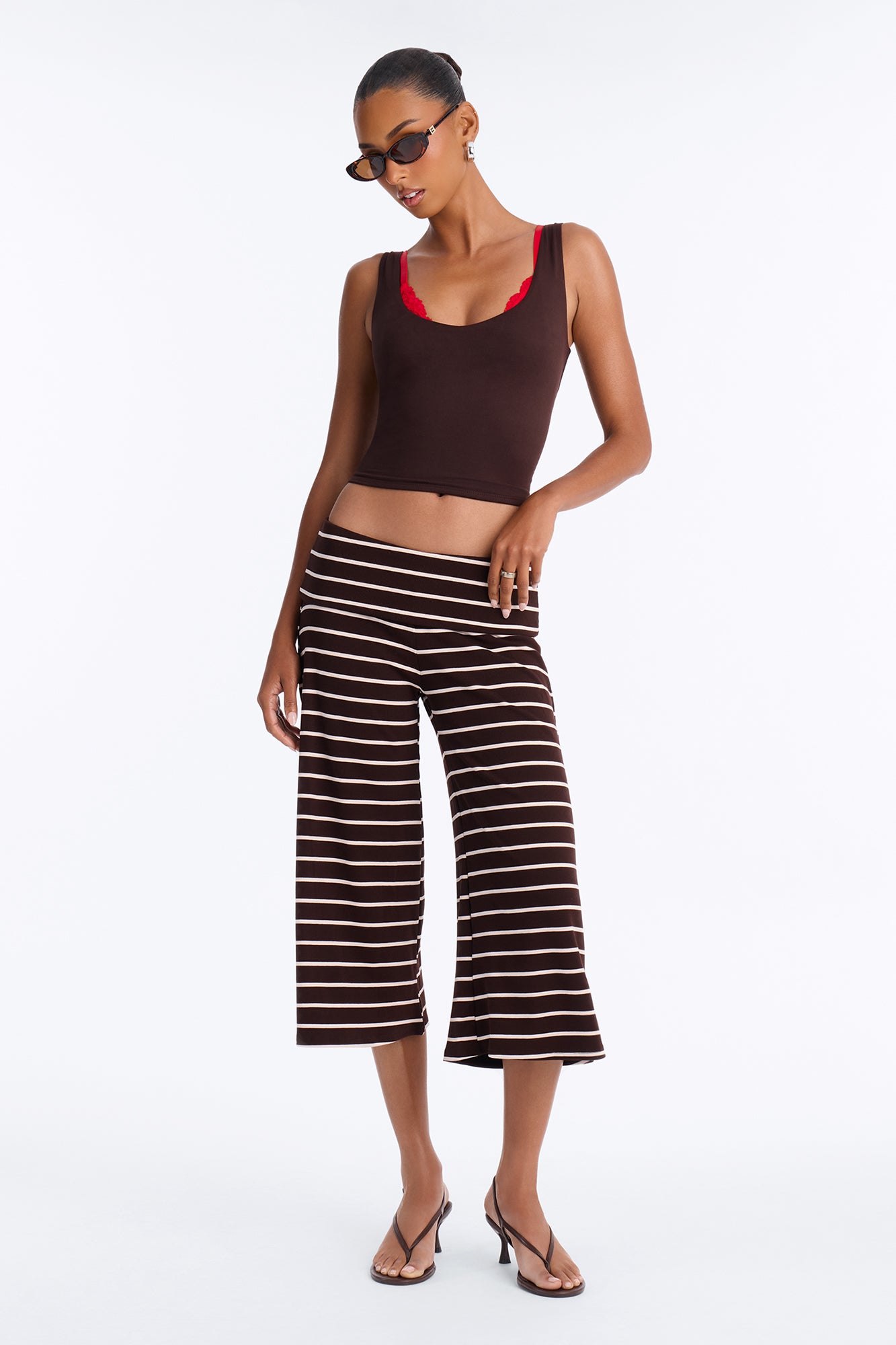 Lola Low Rise Striped Foldover Gaucho Pant - Chocolate/Combo