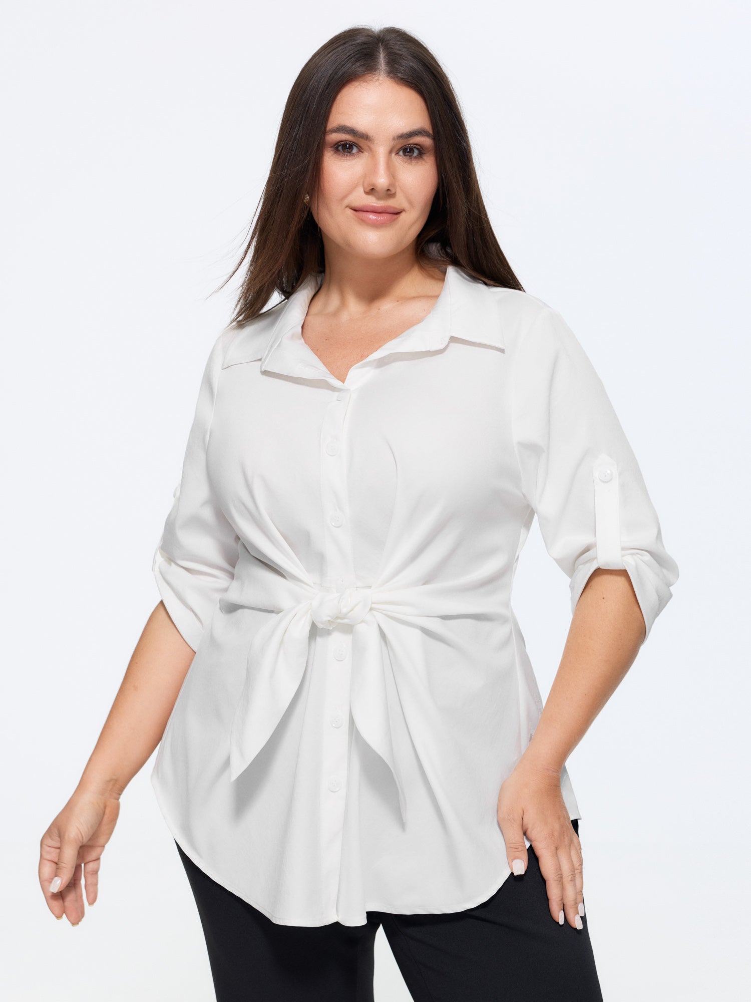 Solid Lapel Collar Knotted Front Waist Shirt