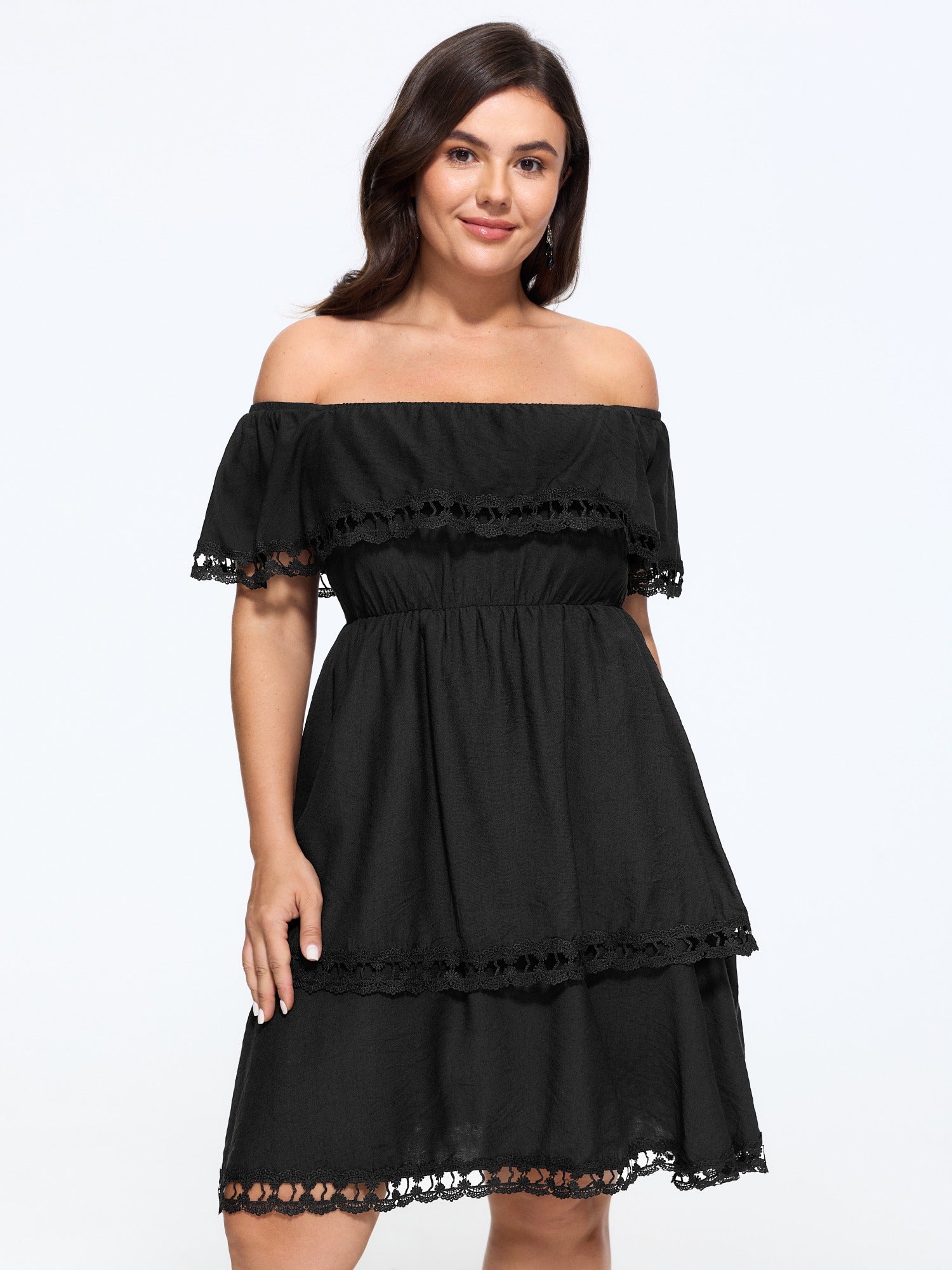 Off Shoulder Ruffle Layered Lace Trim Mini Dress