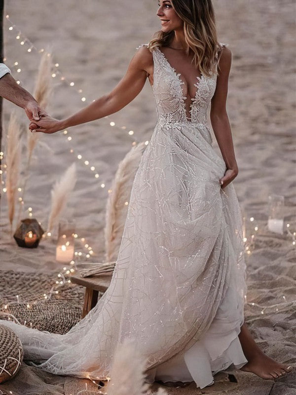 Charming A-Line Deep V-Neck Backeless Sequined Court Train Wedding Dresses