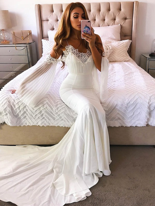 Sexy Spaghetti Straps V-Neck Mermaid Chiffon Court Train Wedding Dresses