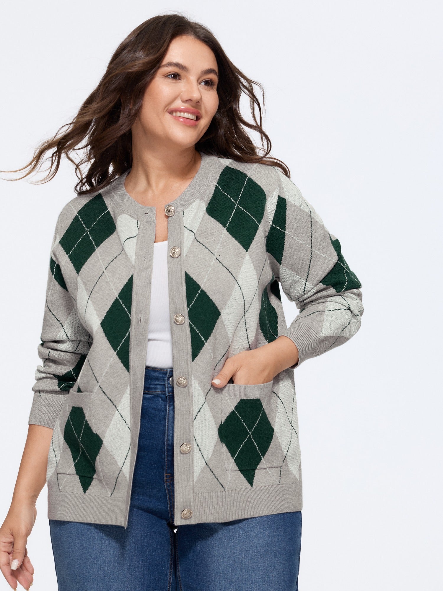Argyle Round Neck Button‑Front Cardigan
