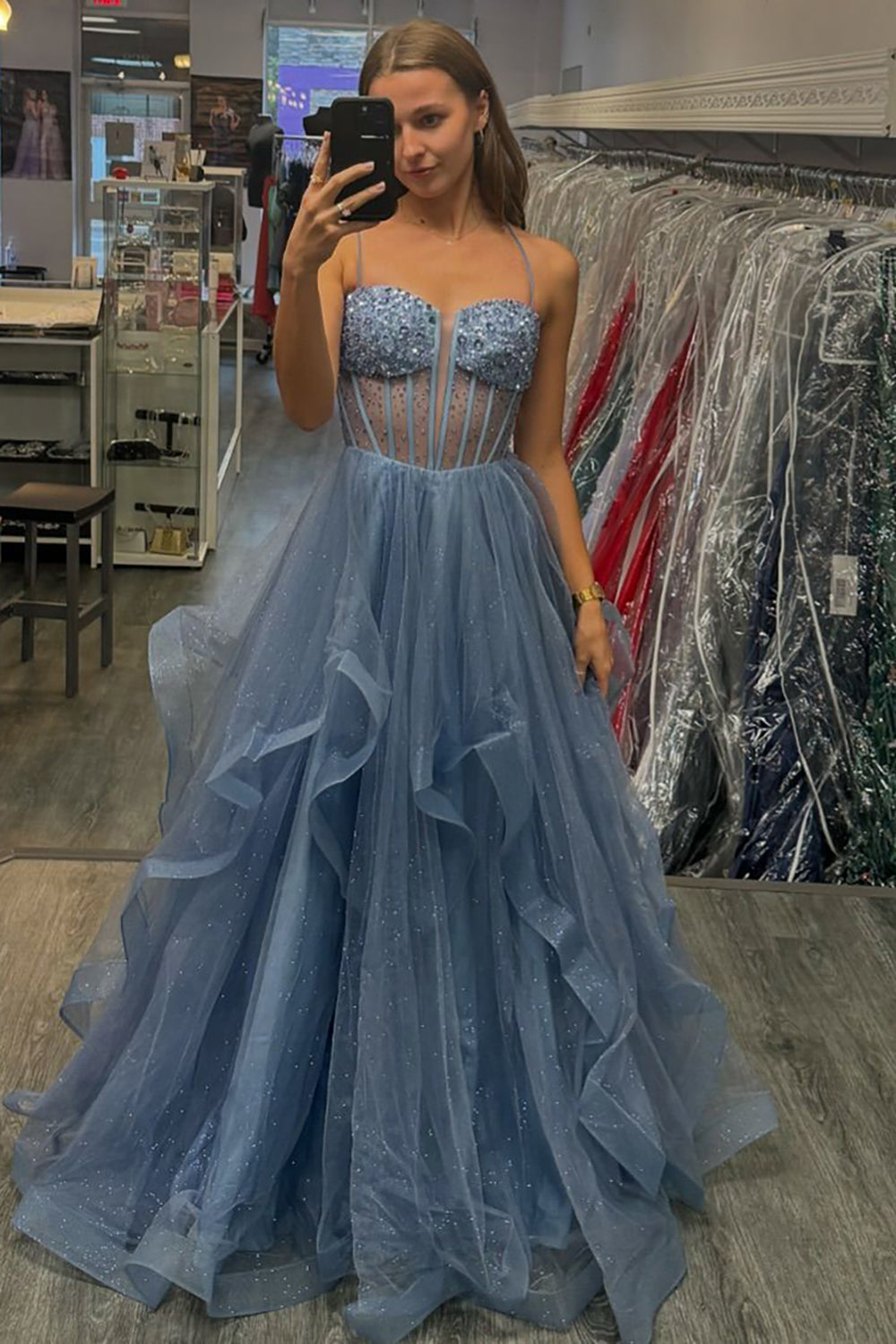Long A-Line Prom Dress with Grey Blue Sparkly Sequins and Tiered Tulle Featuring Spaghetti Straps