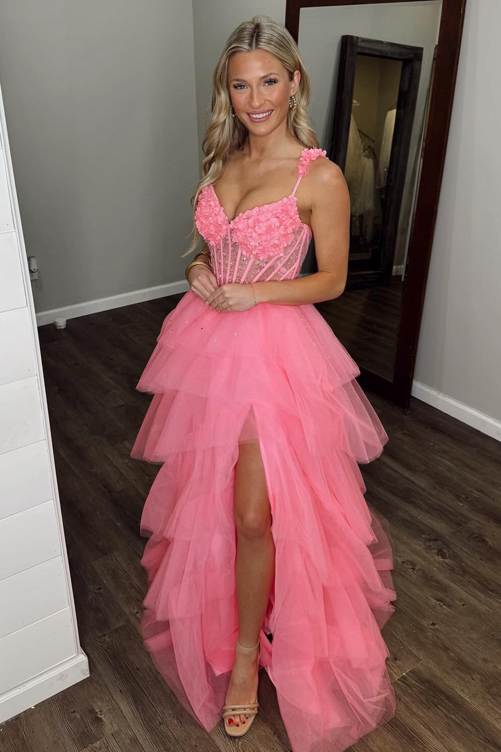Princess Long Prom Dress in Sparkly Pink with Tulle Tiered Layers and Spaghetti Straps Appliques