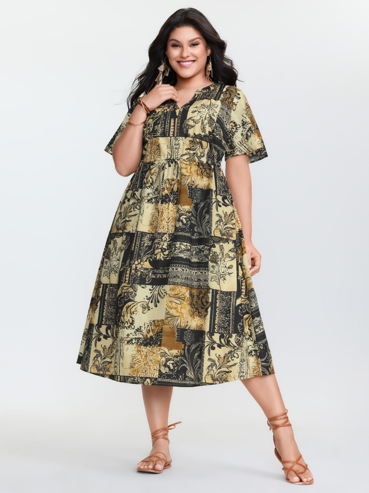 Cotton Collage Print Notched Collar Midi Dress