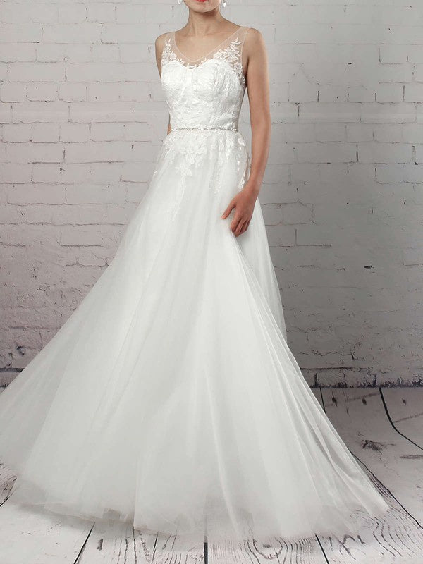 Glamorous Sleeveless V-Neck Tulle Sweep Train Wedding Dresses