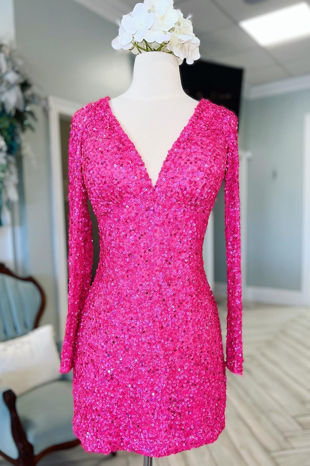 Sparkly Fuchsia Long Sleeves Sequin Tight Short Homecoming Dress/Mini Dress