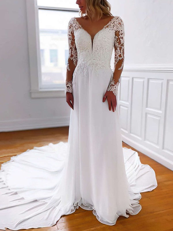 Fashionable A-Line V-Neck Long Sleeves Lace Court Train Wedding Dresses with Beads