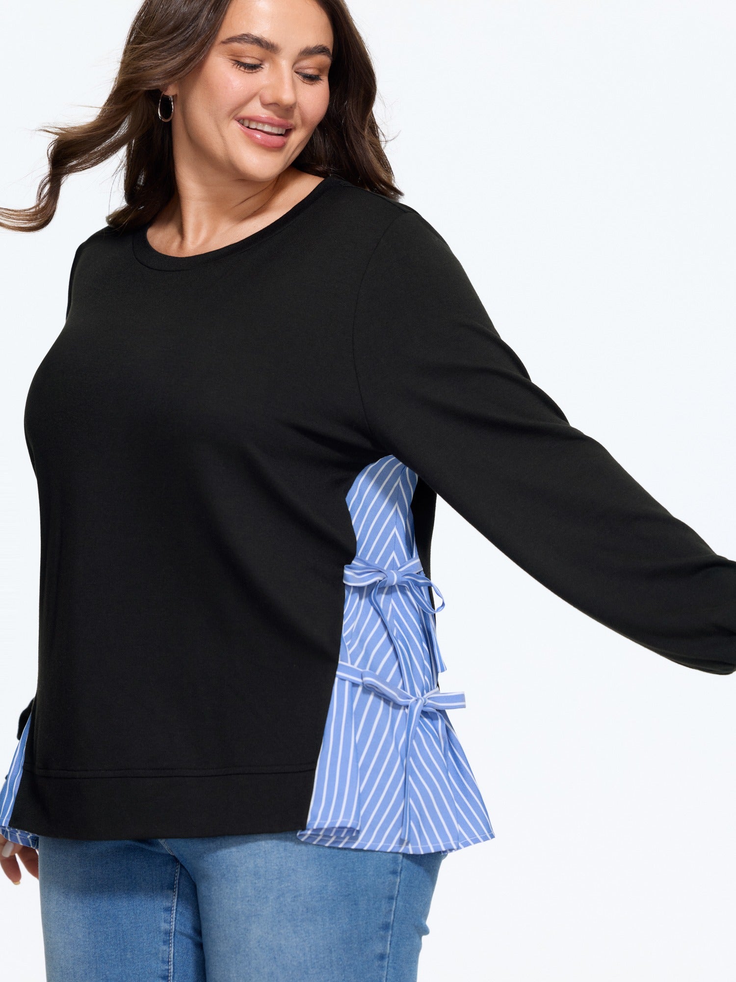 Supersoft Stripe Side Patchwork Bow Tie Detail Sweatshirt