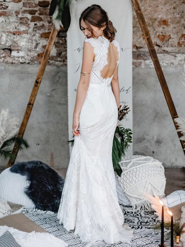 Elegant Sleeveless Strapless Mermaid Lace Sweep Train Wedding Dresses