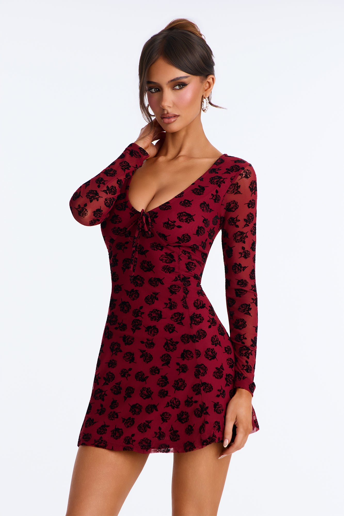 Francine Flocked Mesh Mini Dress - Burgundy/combo