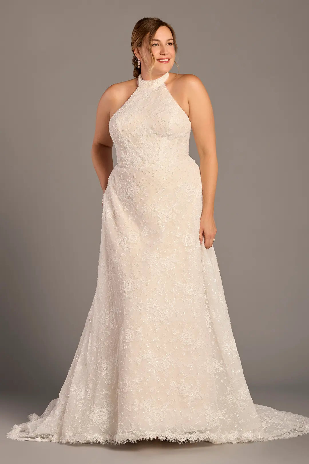 Beaded Lace High Neck Halter A-Line Wedding Dress