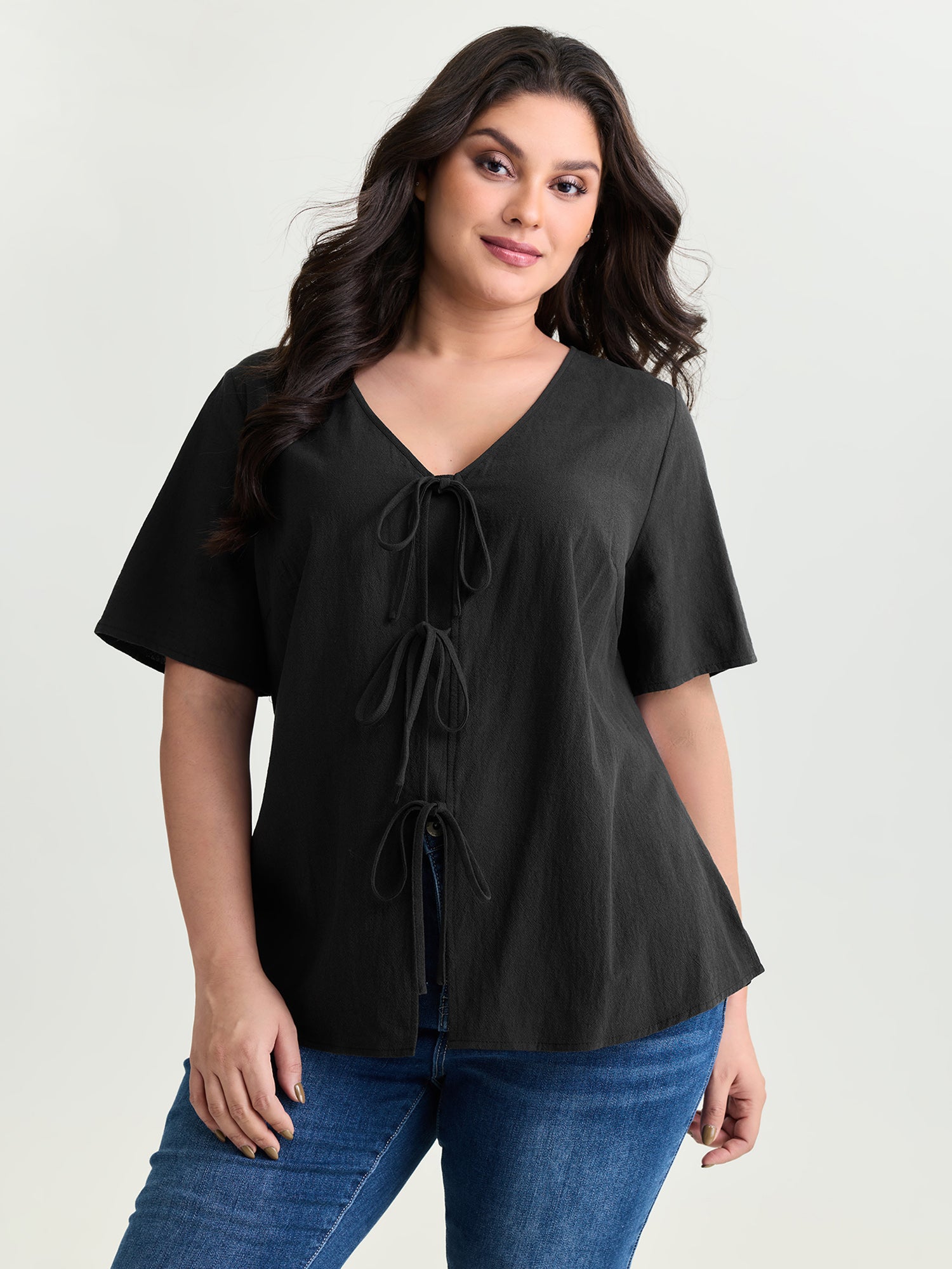 Cotton Triple Bow-Tie Front Plain Shirt