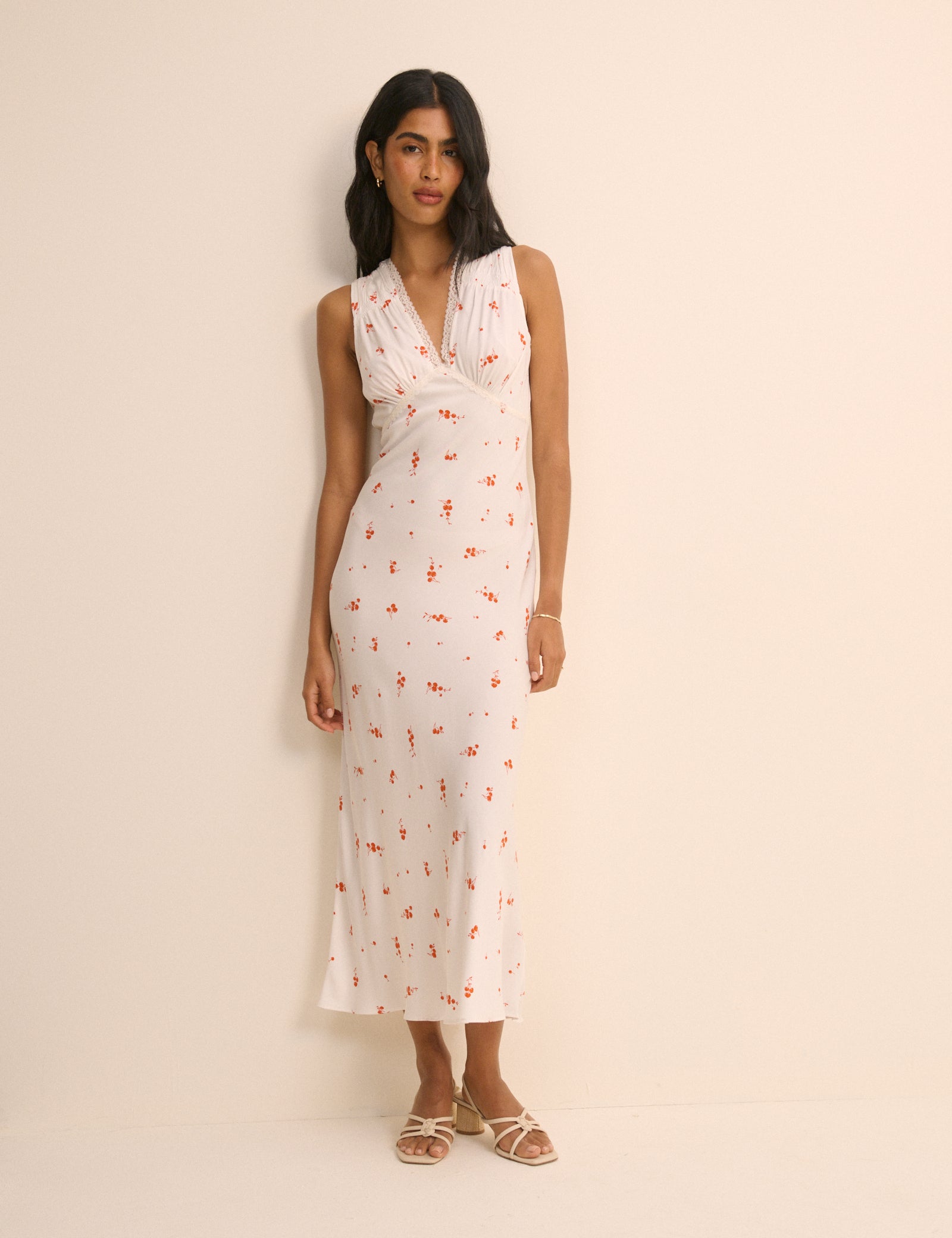 White Cherry Print Ria Midi Dress