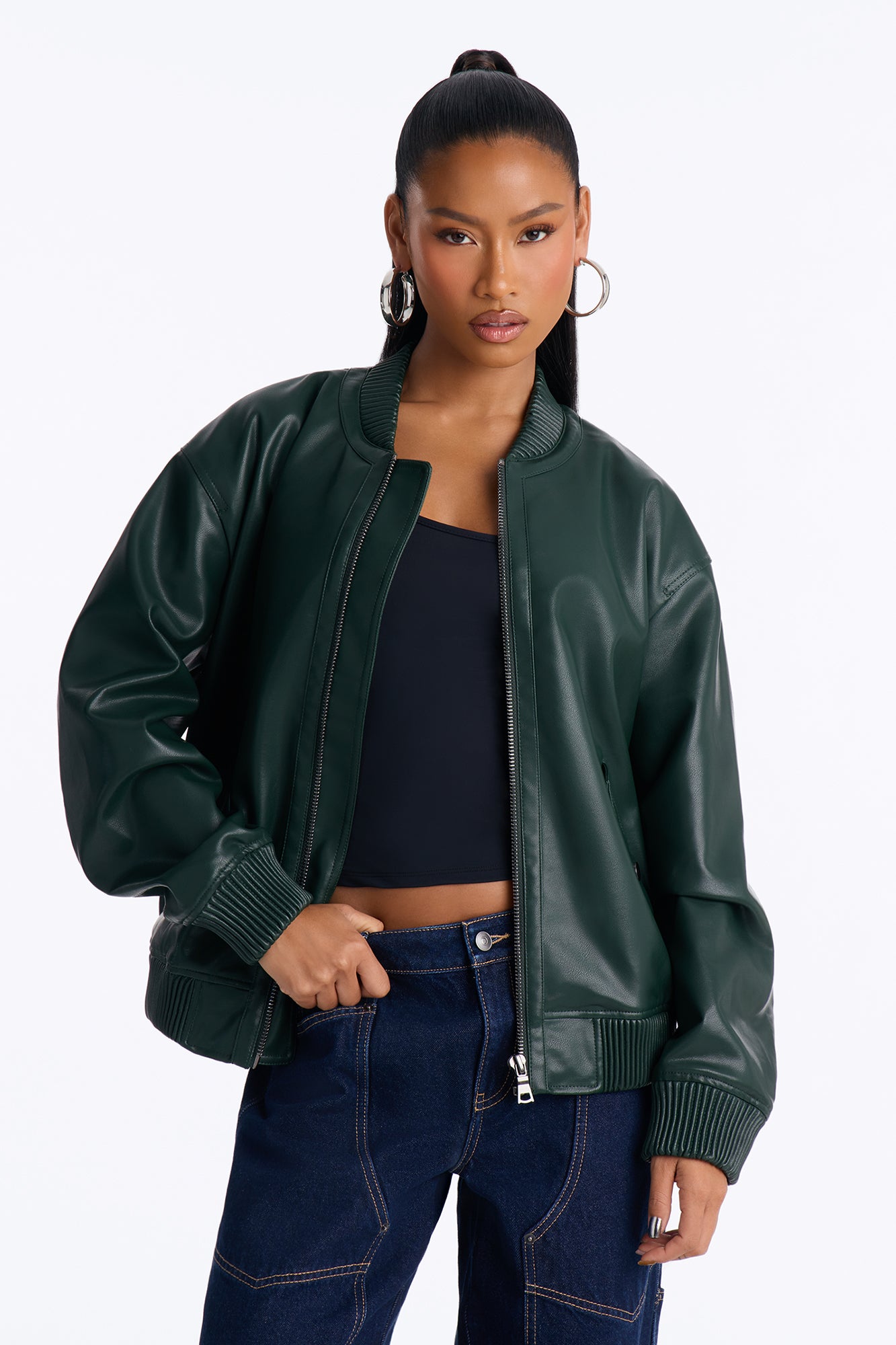 Gabrielle Faux Leather Bomber Jacket - Hunter