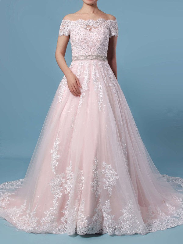 Beautiful Off-The-Shoulder Lace Sweep Train Ball Gown Wedding Dresses