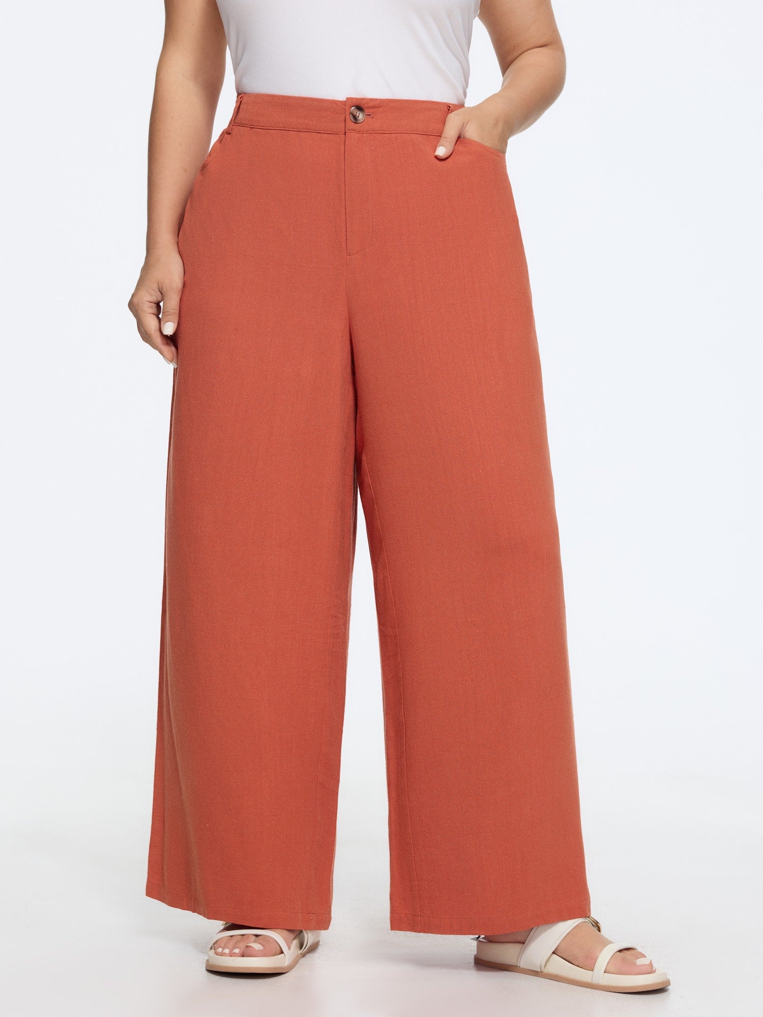Linen Blend High Waist Straight-Leg Pants