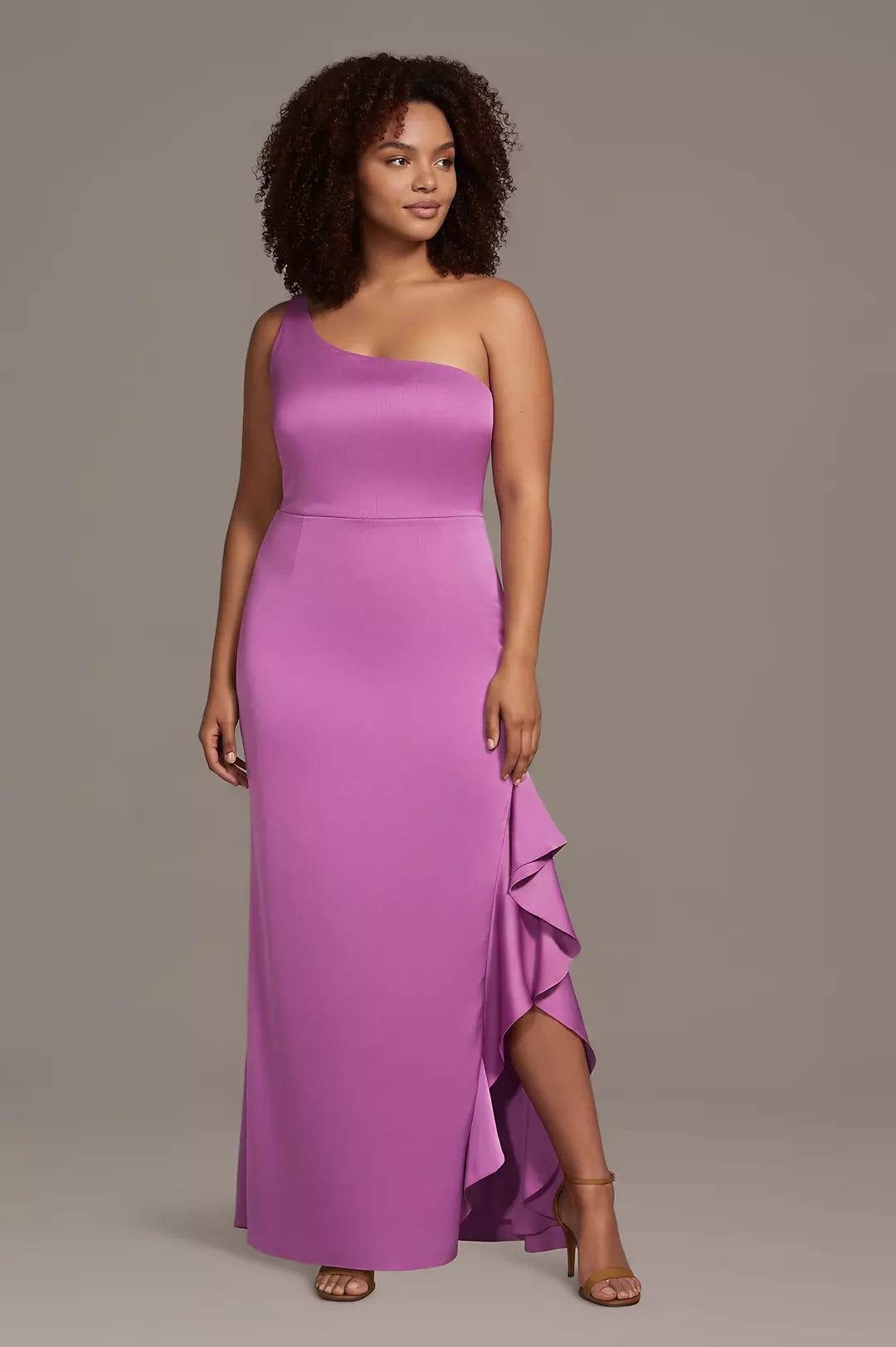 Matte Satin One-Shoulder Sheath with Ruffle