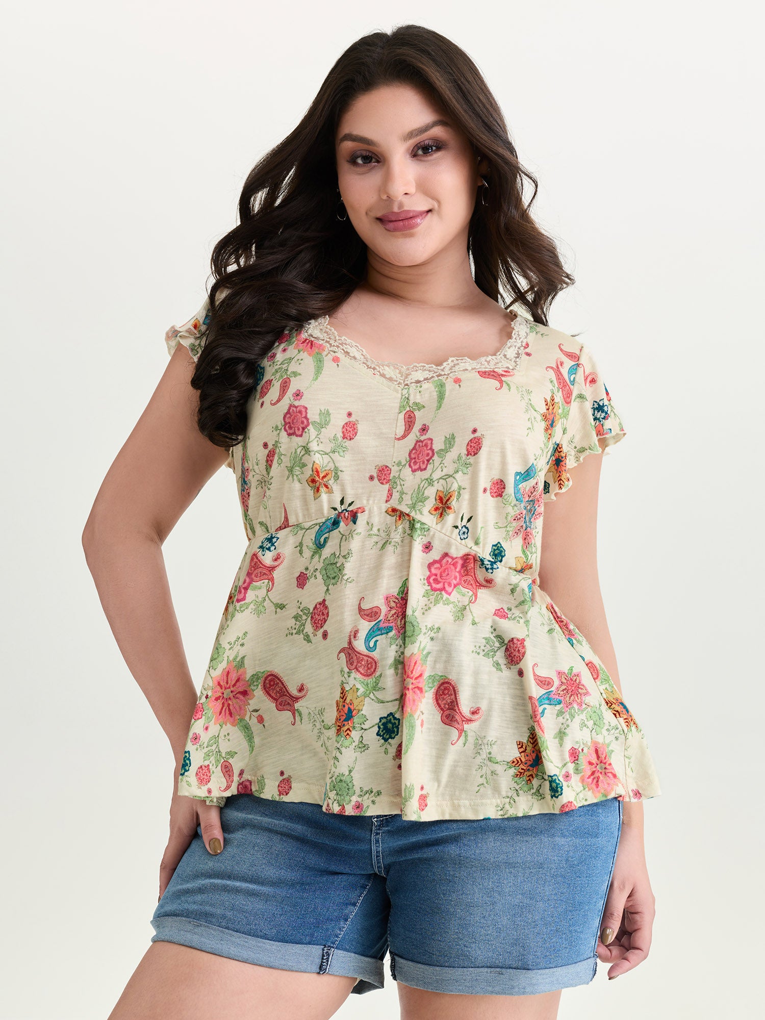 Cotton Stretchy Floral Paisley Print Knit Top