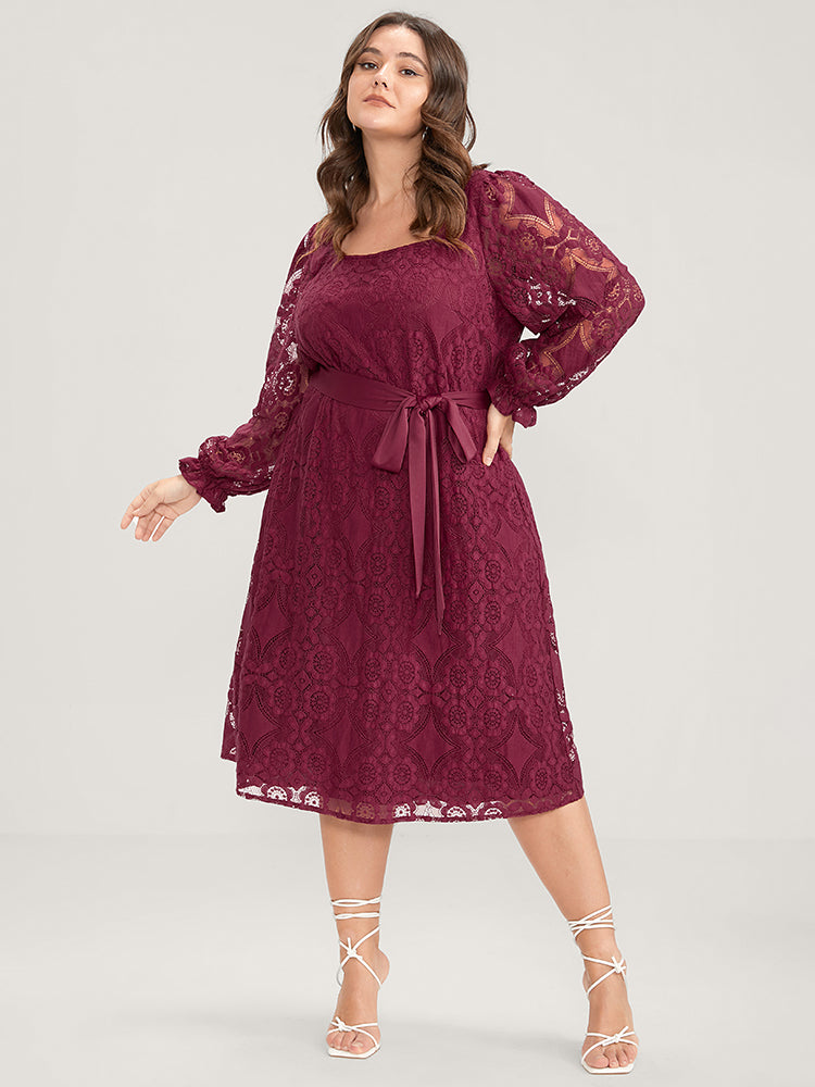 Solid Square Neck Lantern Sleeve Belted Lace Dress