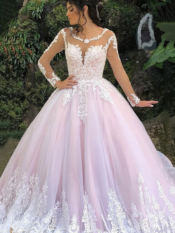 Luxurious Scoop Neck Long Sleeves Lace Tulle Wedding Dresses with Appliques