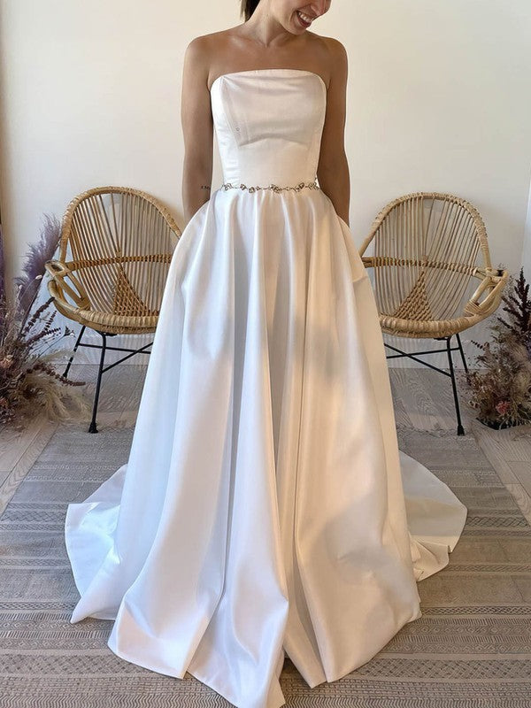 Charming Strapless Satin Sweep Train A-Line Wedding Dresses with Pockets
