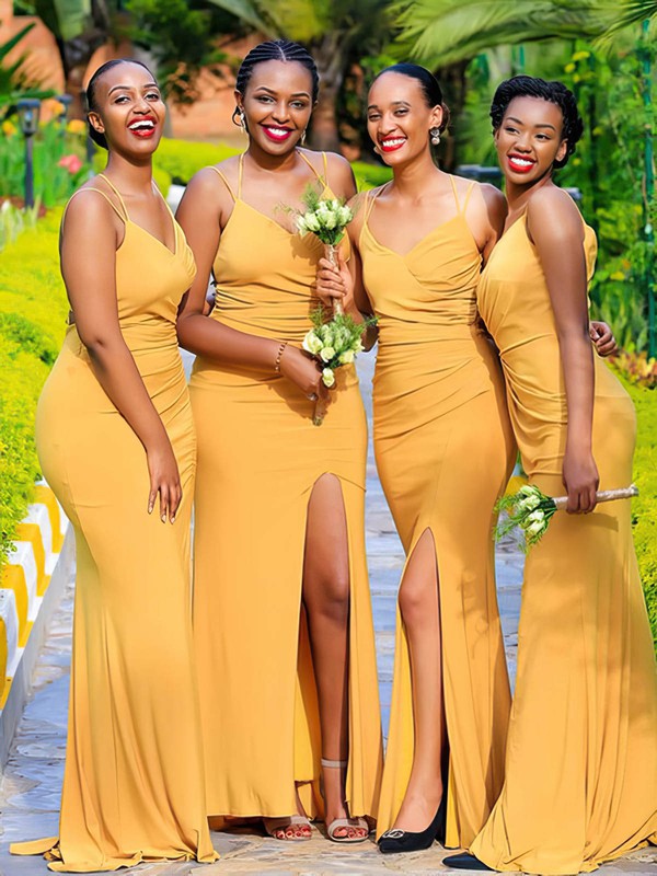 Chic Sheath Satin V-Neck Spaghetti Straps Bridesmaid Dresses with Split