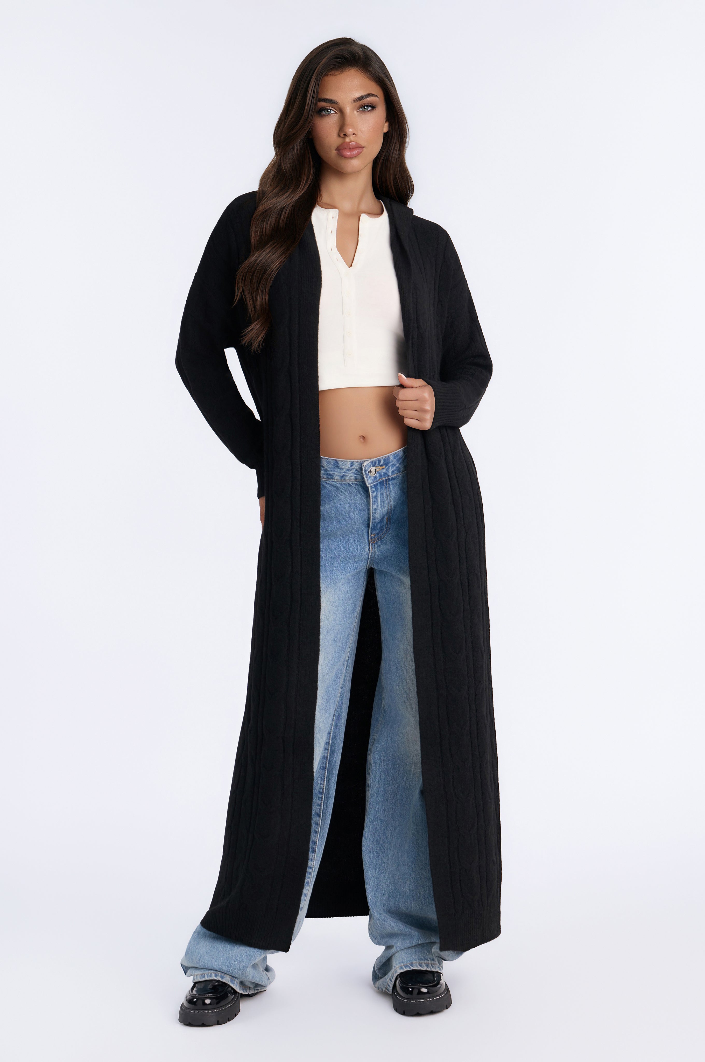 Chilly But Cute Hooded Long Cardigan - Black