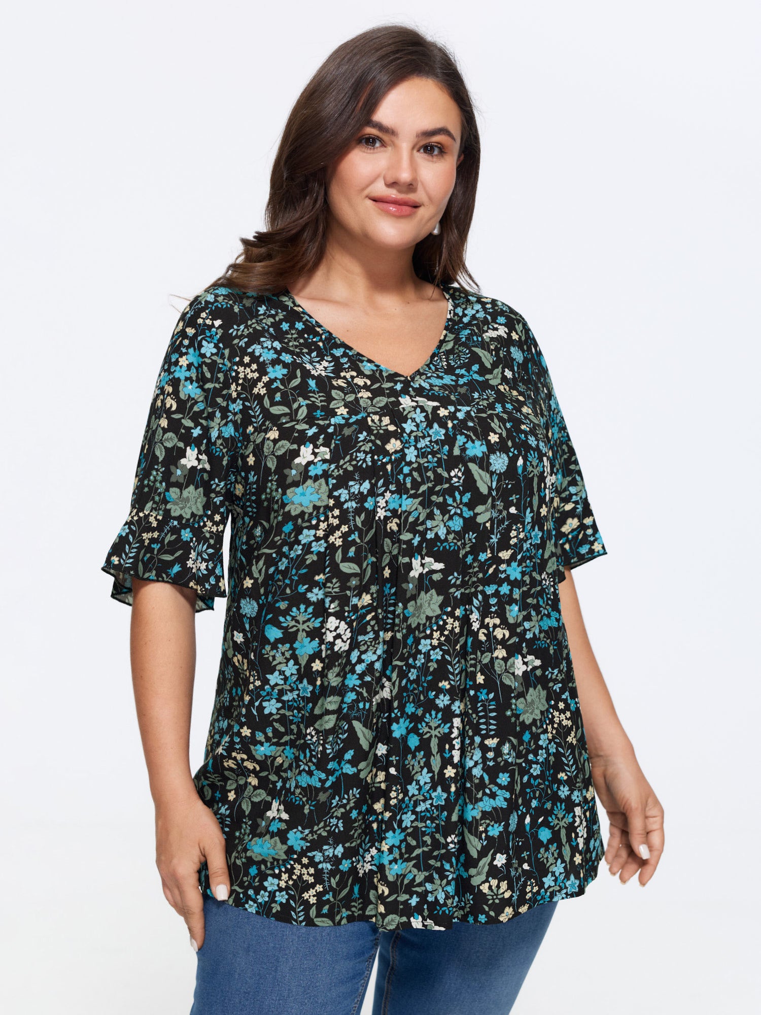 Ditsy Floral Pleated Flared Sleeve Blouse