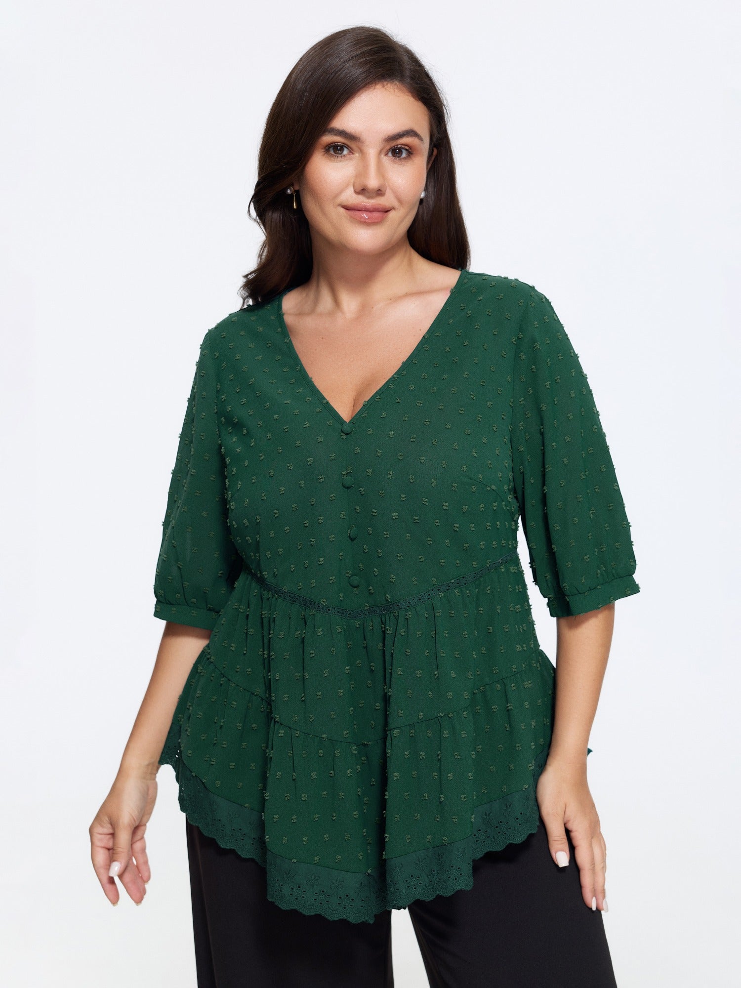 Textured Lace Trim Hem Tiered Blouse