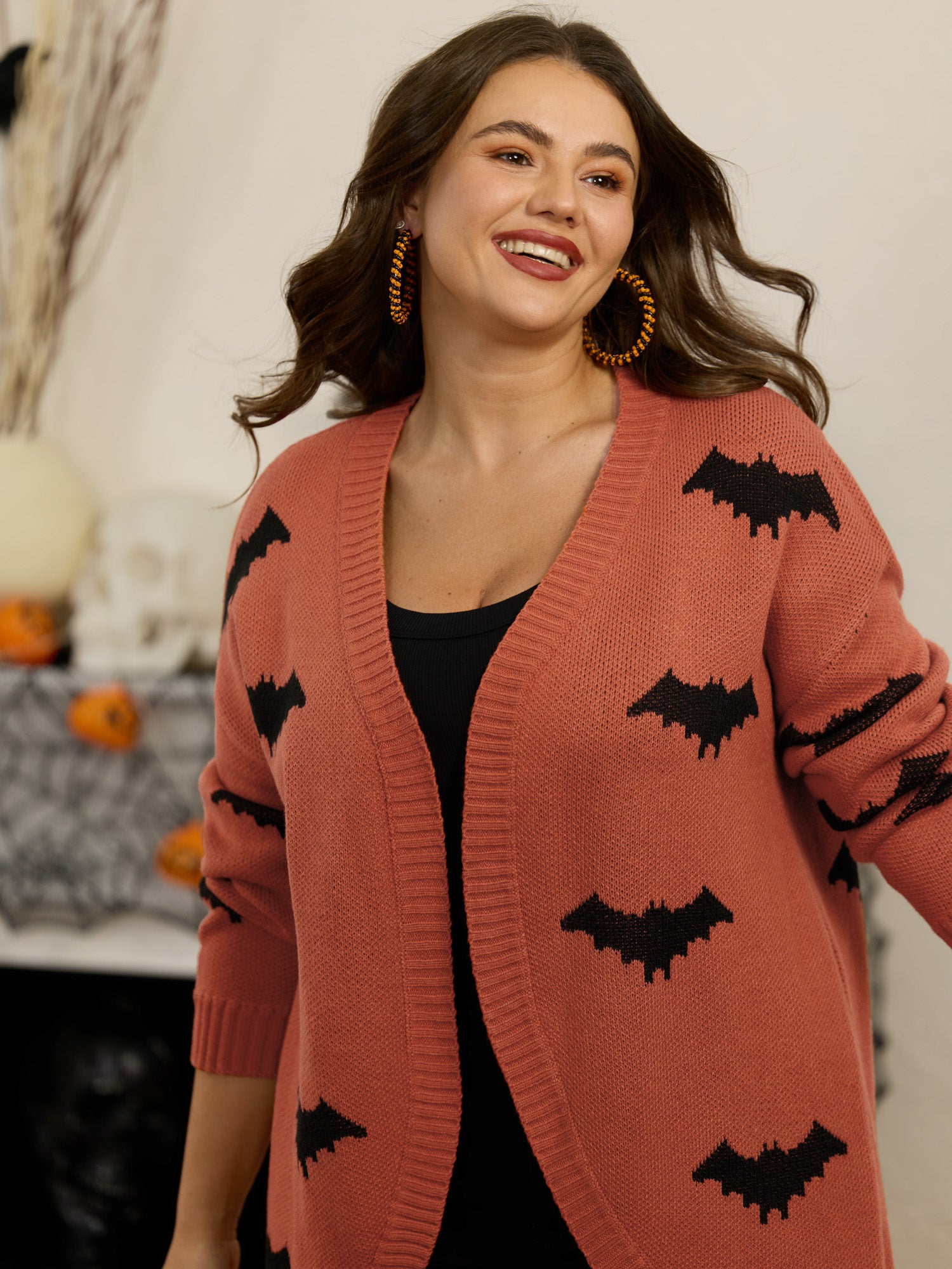 Bat Jacquard Arc Hem Open Front Cardigan