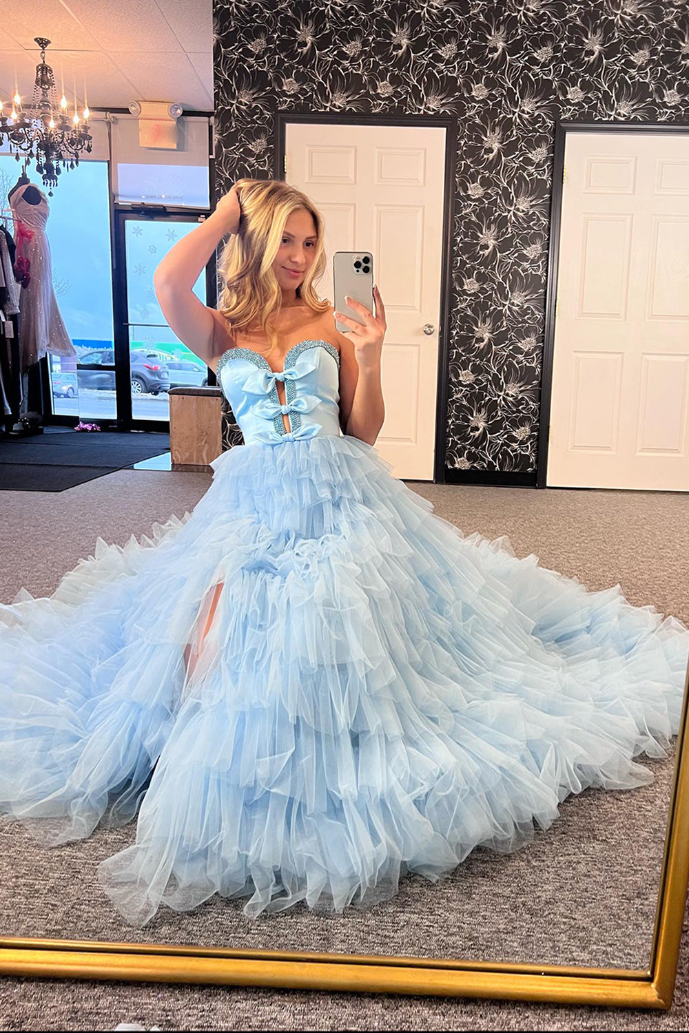 Sweetheart A-Line Long Prom Dress in Light Blue with Tiered Tulle and Bows