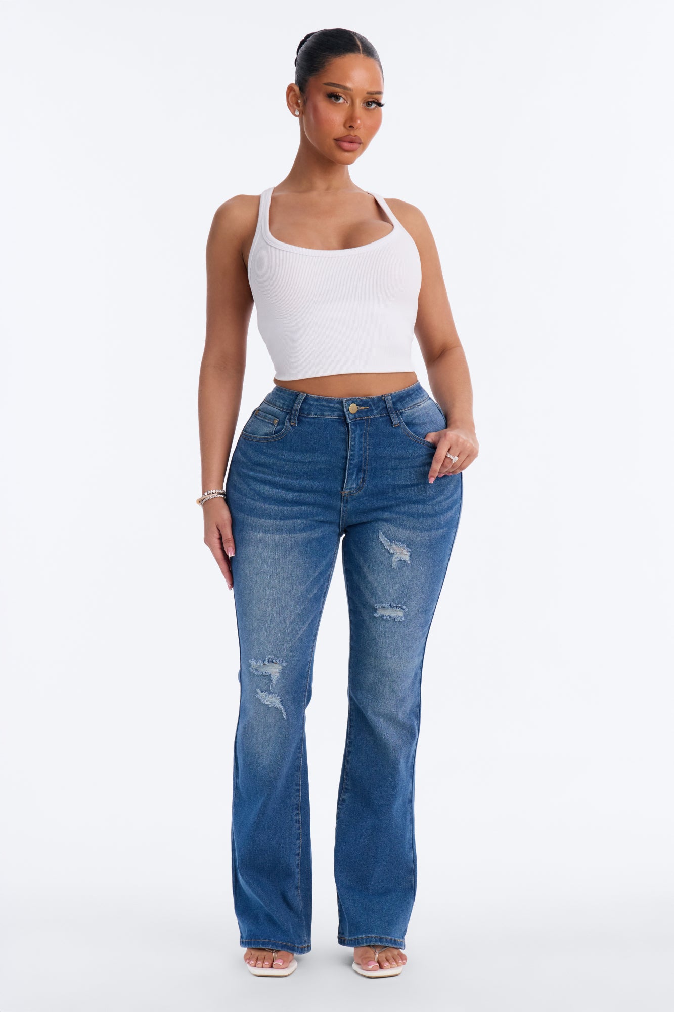 End Of Story High Rise Ripped Cropped Bootcut Jeans - Medium Wash
