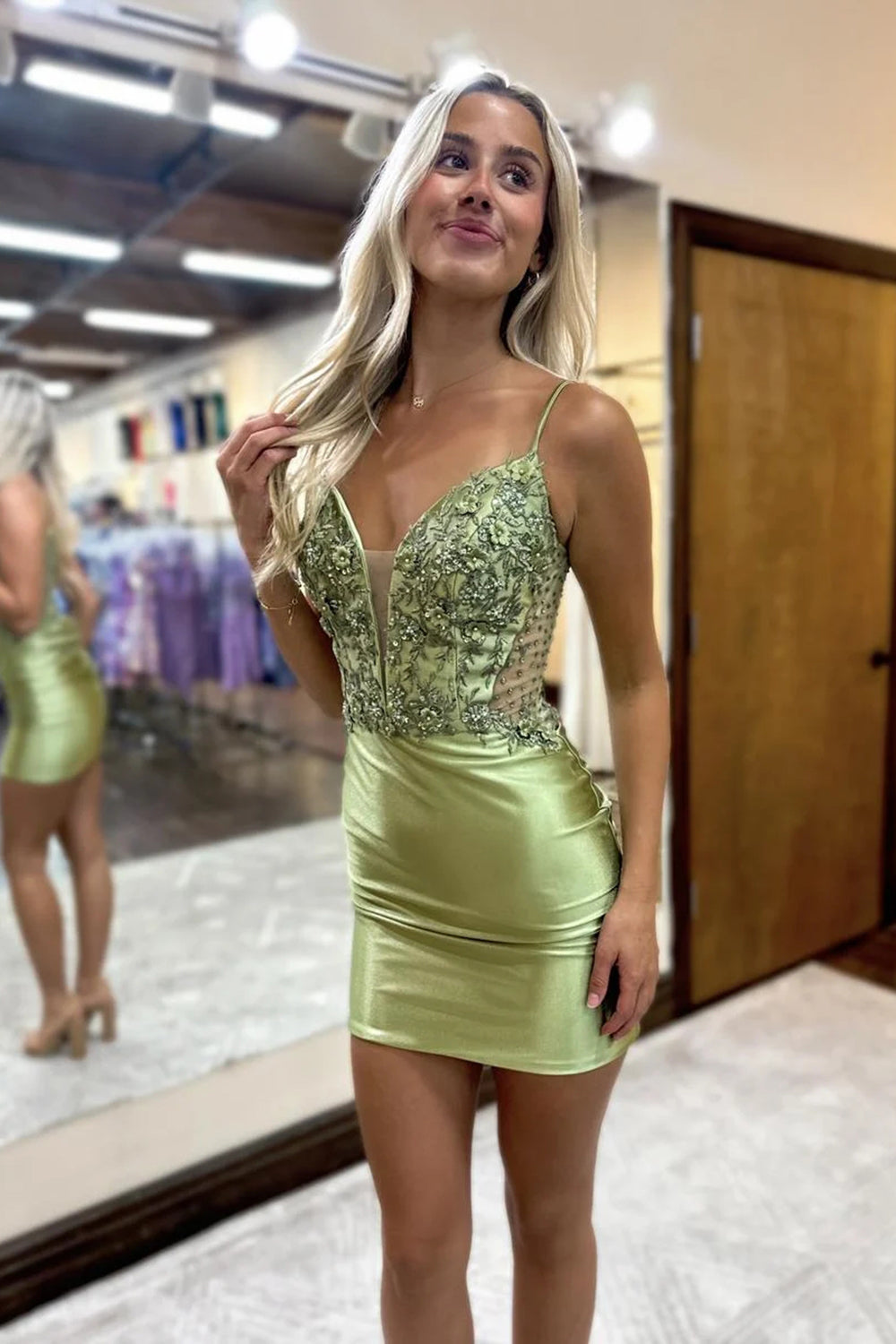 Sparkly Sage Tight Short Homecoming Dress/Mini Dress with Lace
