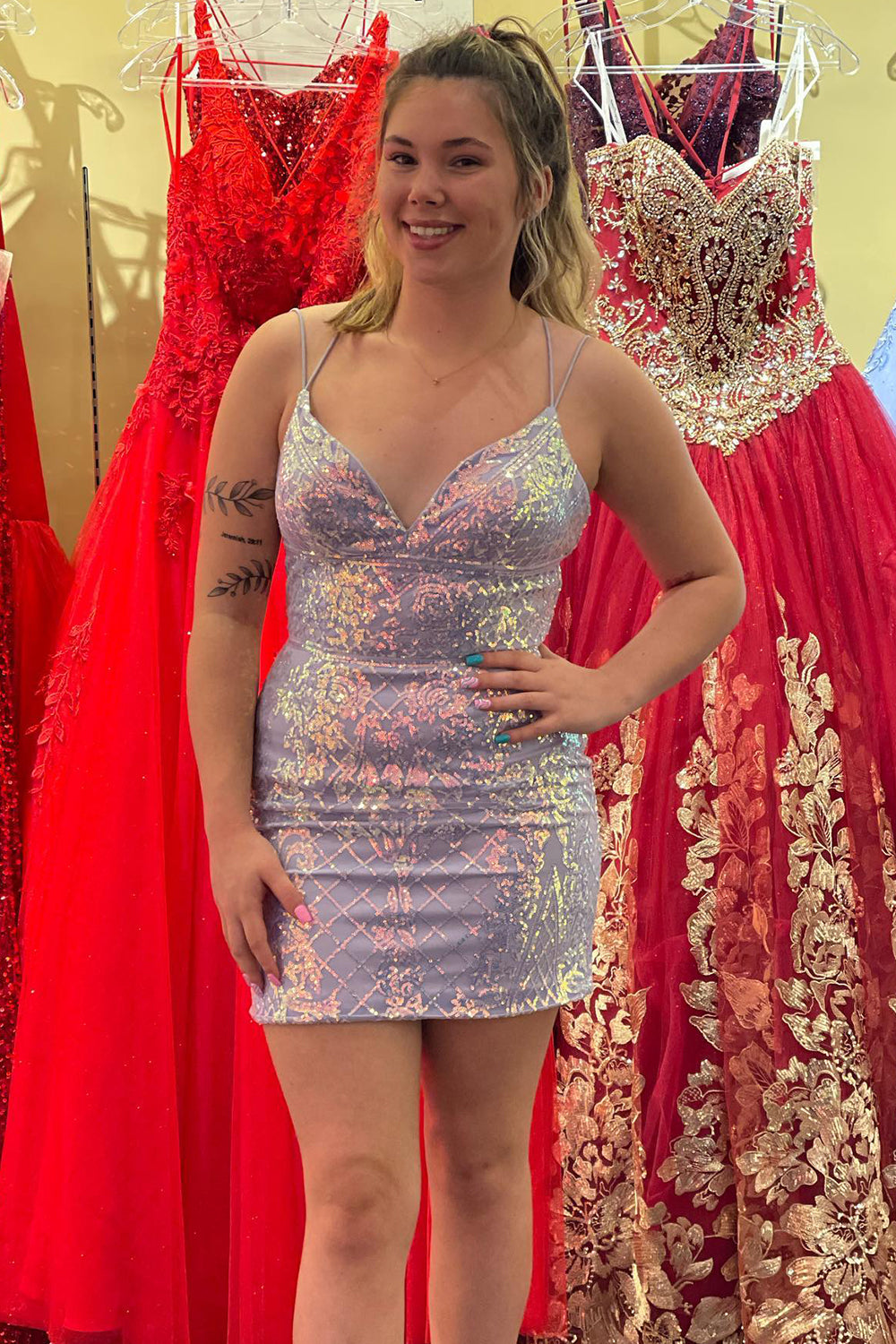 Sparkly Purple Sequined Lace-Up Back Tight Short Homecoming Dress/Mini Dress