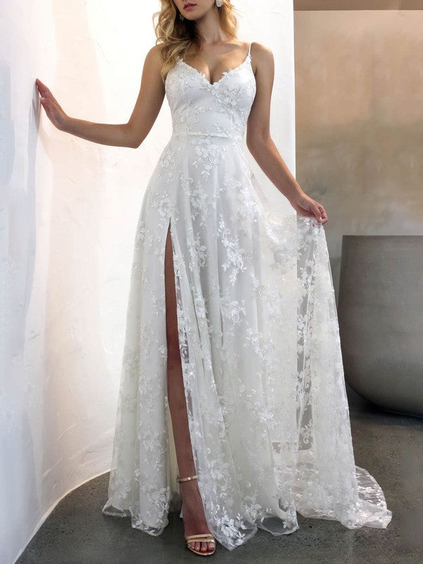 Trendy Sweep Train A-Line V-Neck Backless Lace Wedding Dresses with Split
