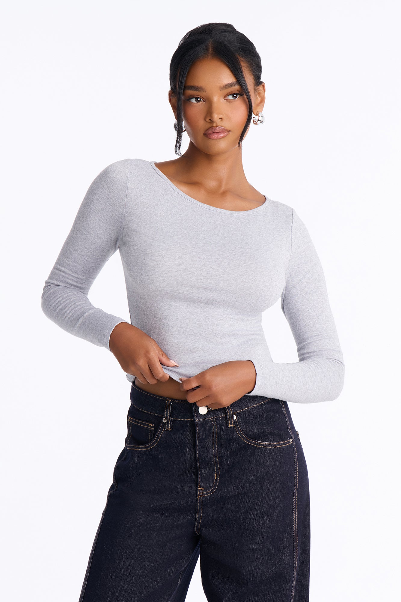Everyday Basic Boat Neck Cotton Blend Long Sleeve Top - Heather Grey