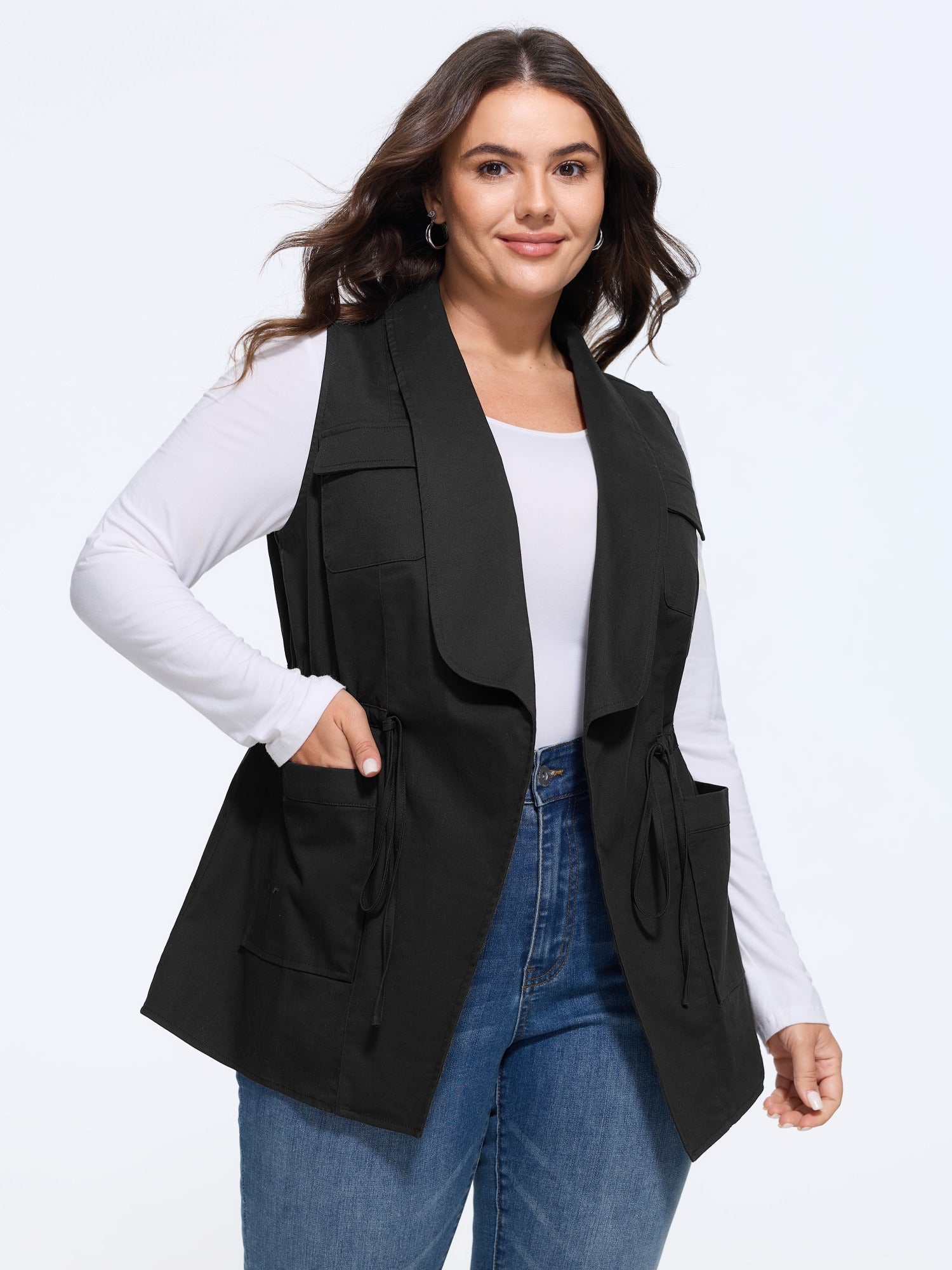 Lapel Neck Waist Tie Cargo Pockets Vest