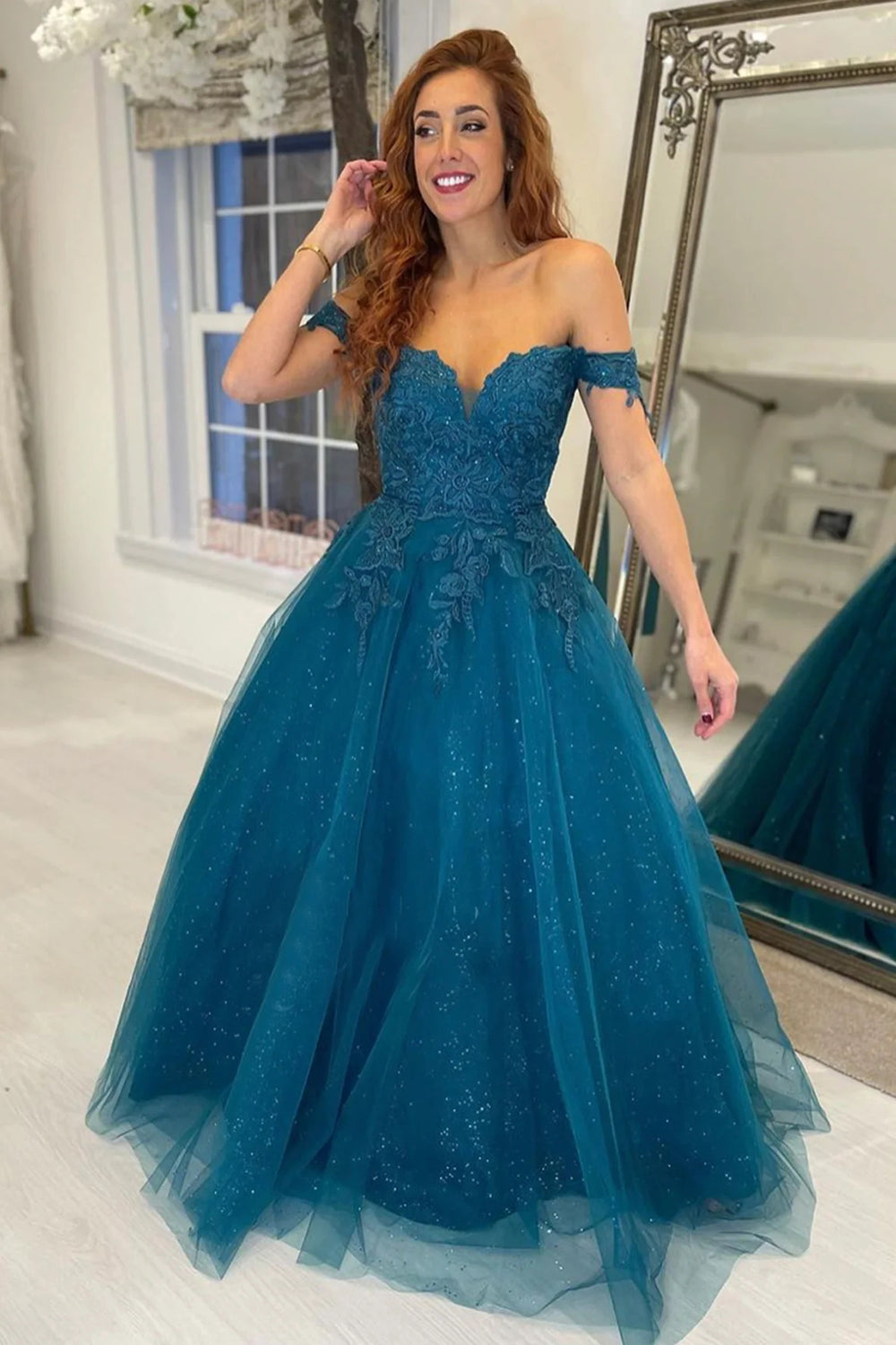 Long Peacock Blue Prom Dress with Appliques in an Off-the-Shoulder A-Line Style