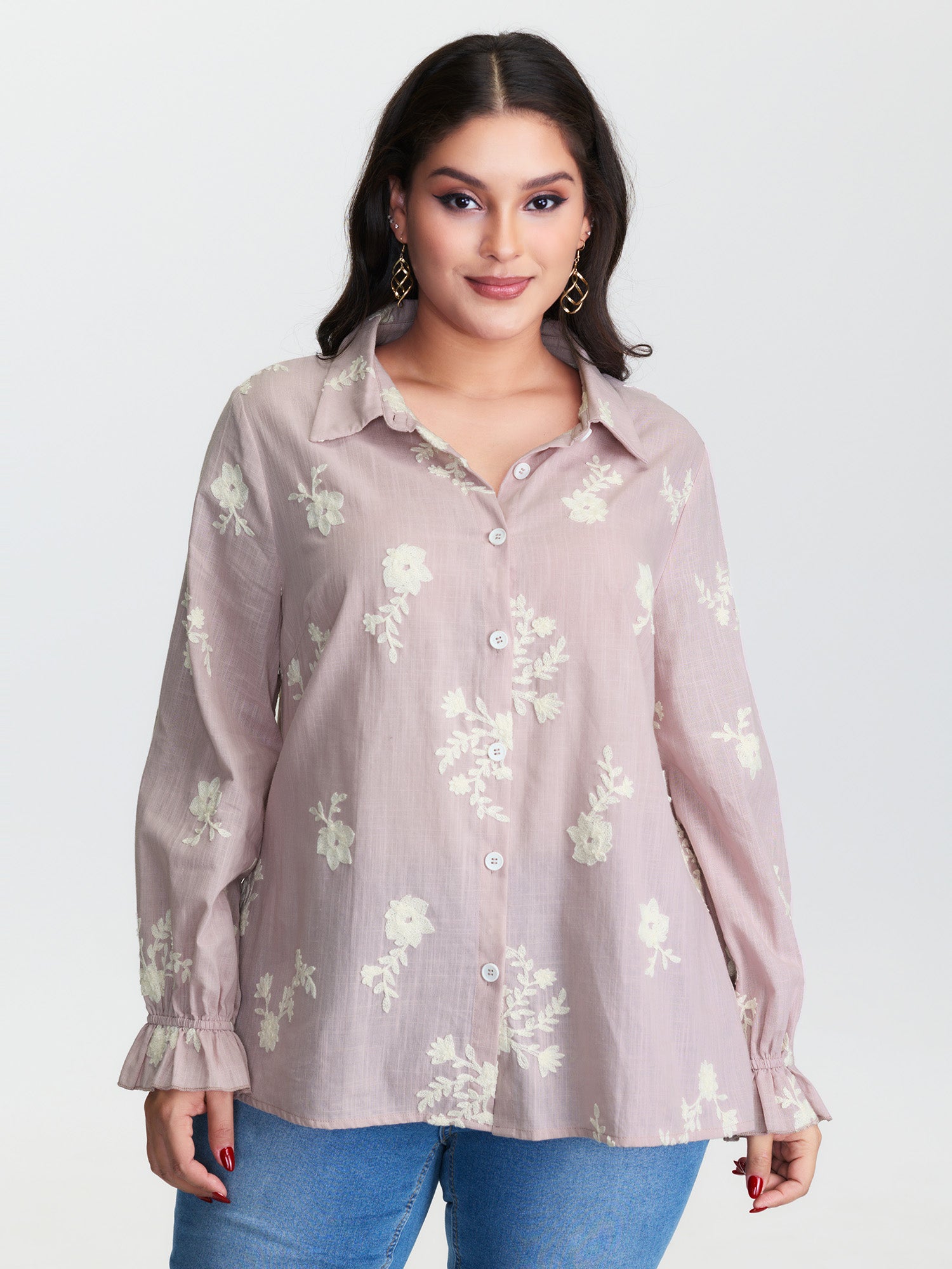 Cotton Floral Embroidery Button-Down Blouse