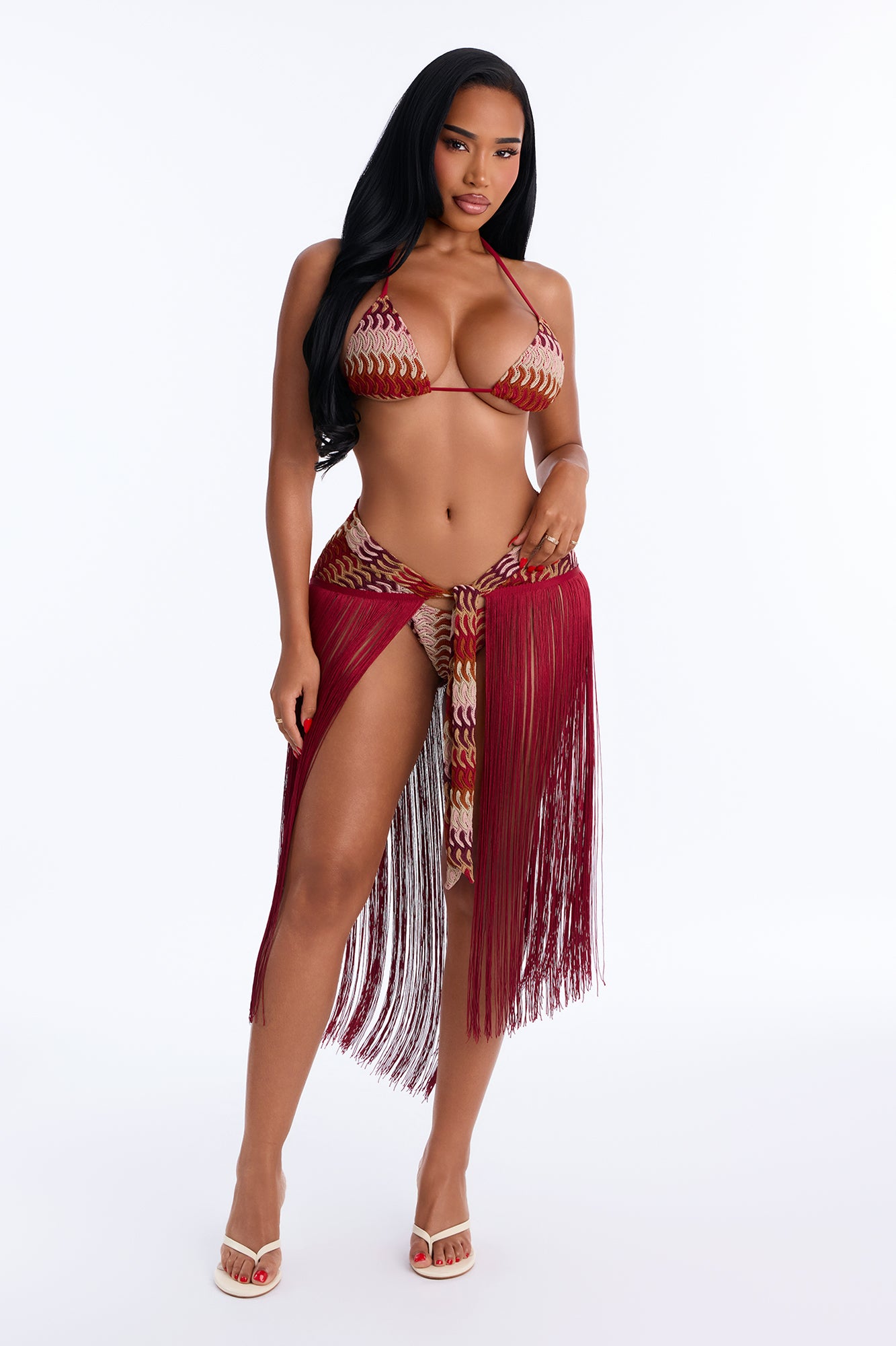 Sheina Crochet 3 Piece Triangle Bikini & Fringe Cover Up Sunsuit - Burgundy/combo