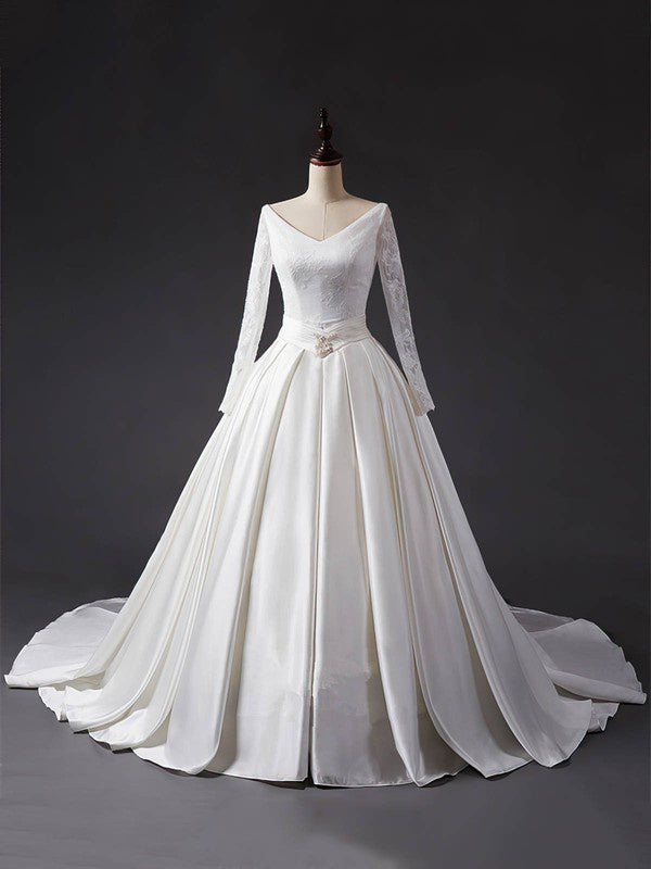 Elegant V-Neck Backless Lace Satin Chapel Train Wedding Dresses with Sash