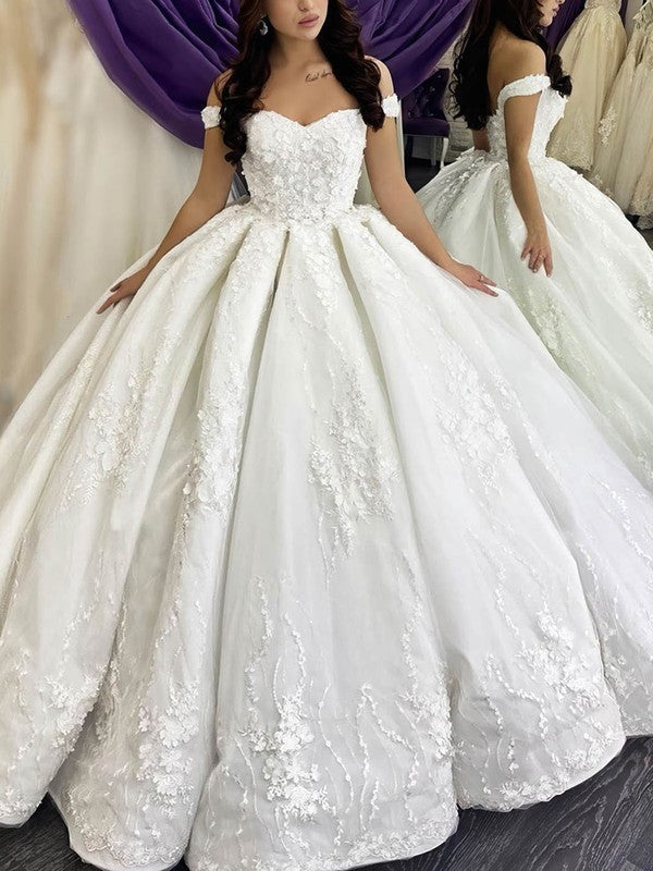 Trendy Off-The-Shoulder V-Neck Satin Lace Chapel Train Wedding Dresses with Appliques
