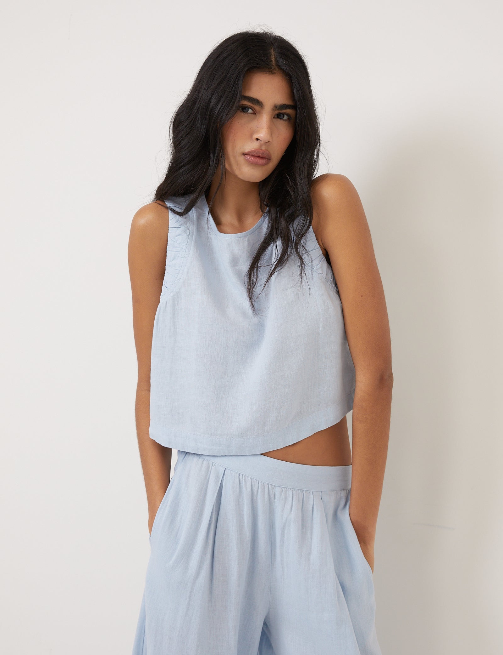 Light Blue Linen-Rich Ruched Top