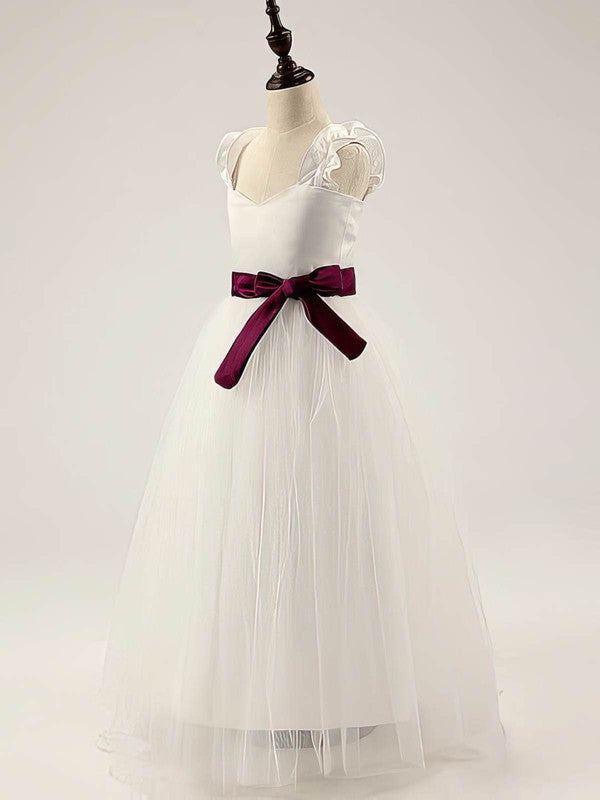 Charming A-Line V-Neck Sleeveless Satin Tulle Floor-Length Flower Girl Dresses with Sash