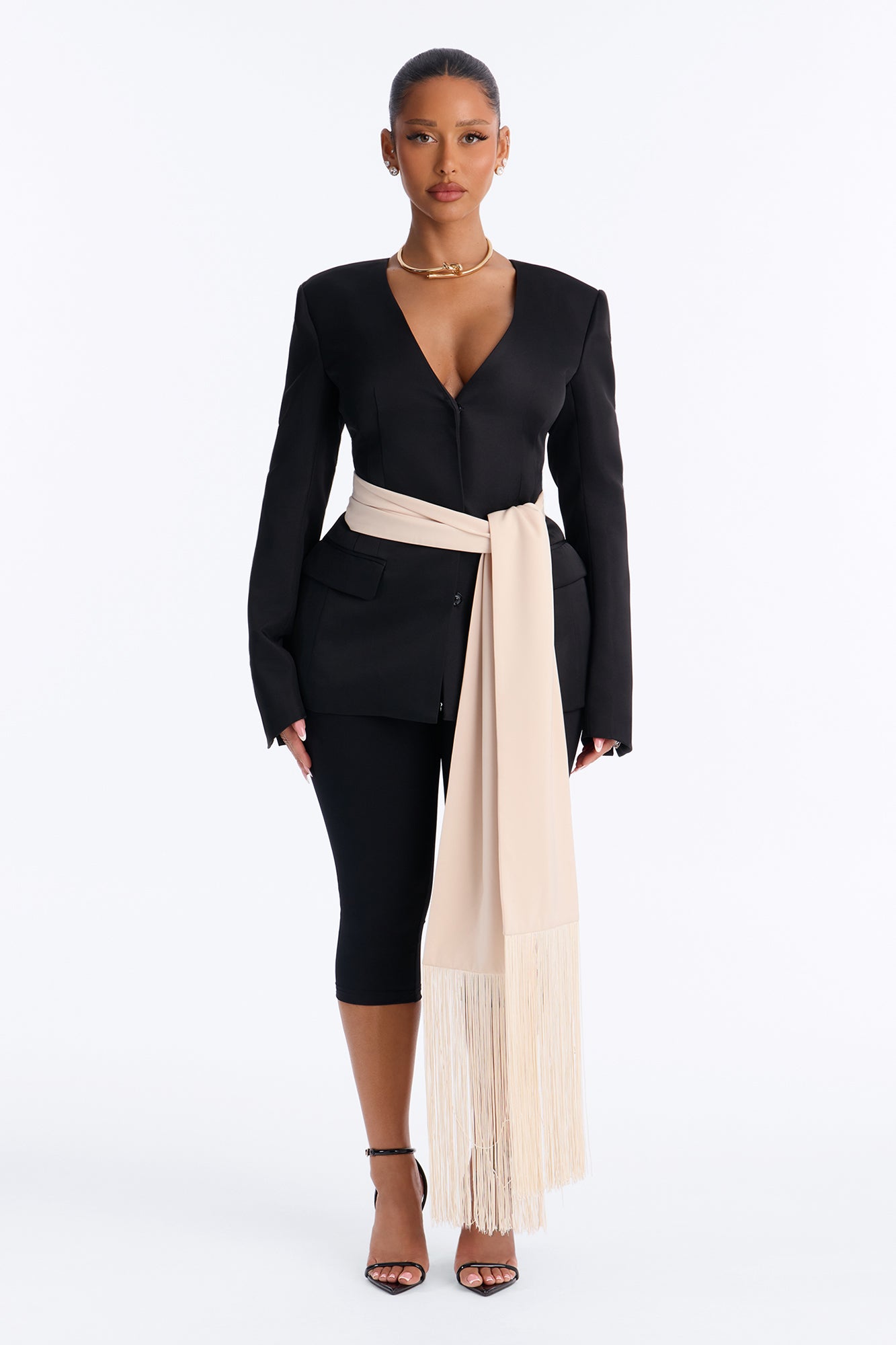 Dakota Tailored Satin Fringe Wrap Belted Blazer - Black