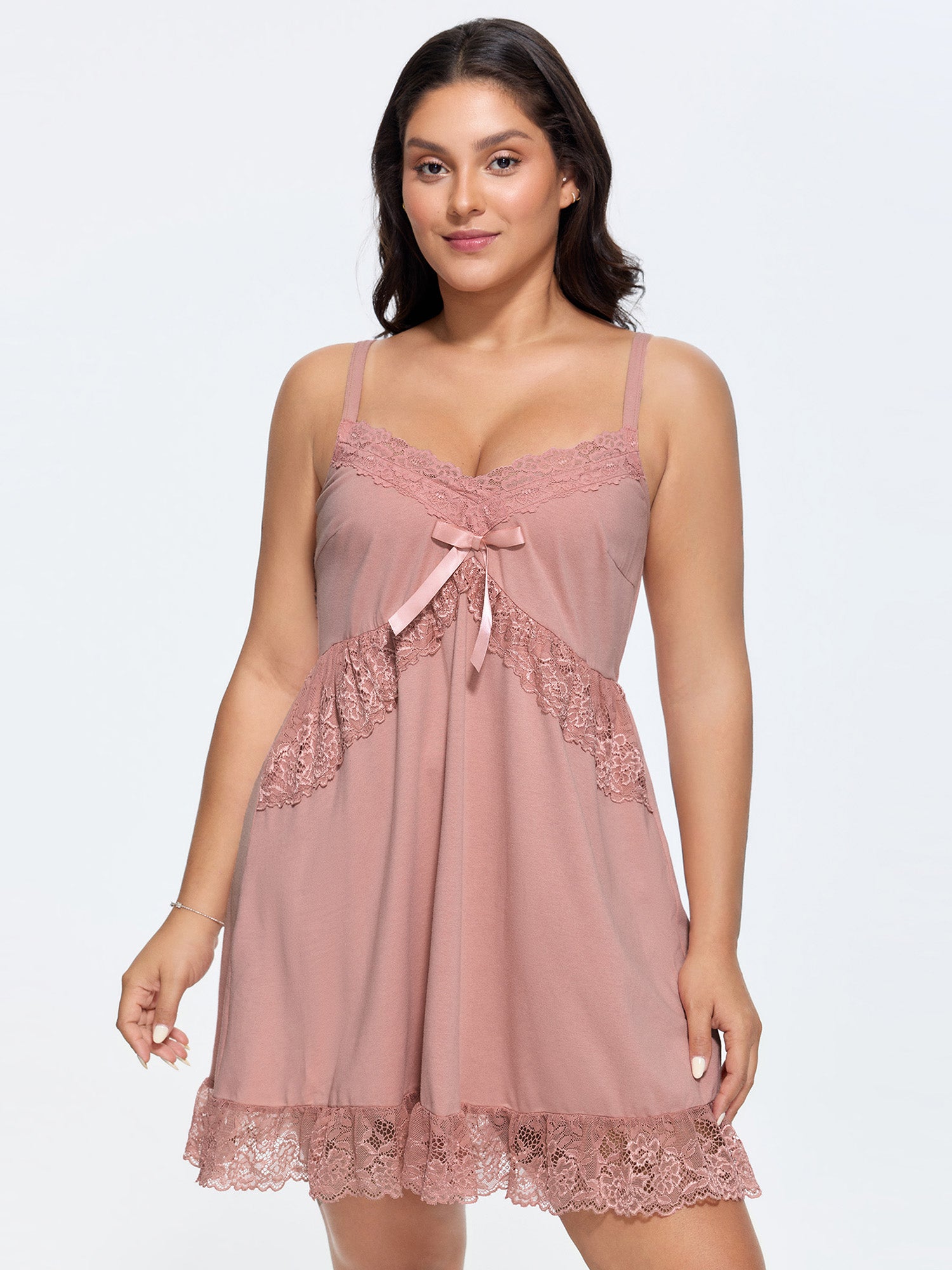 Lace Ruffled Hem Bow Detail Nightgown