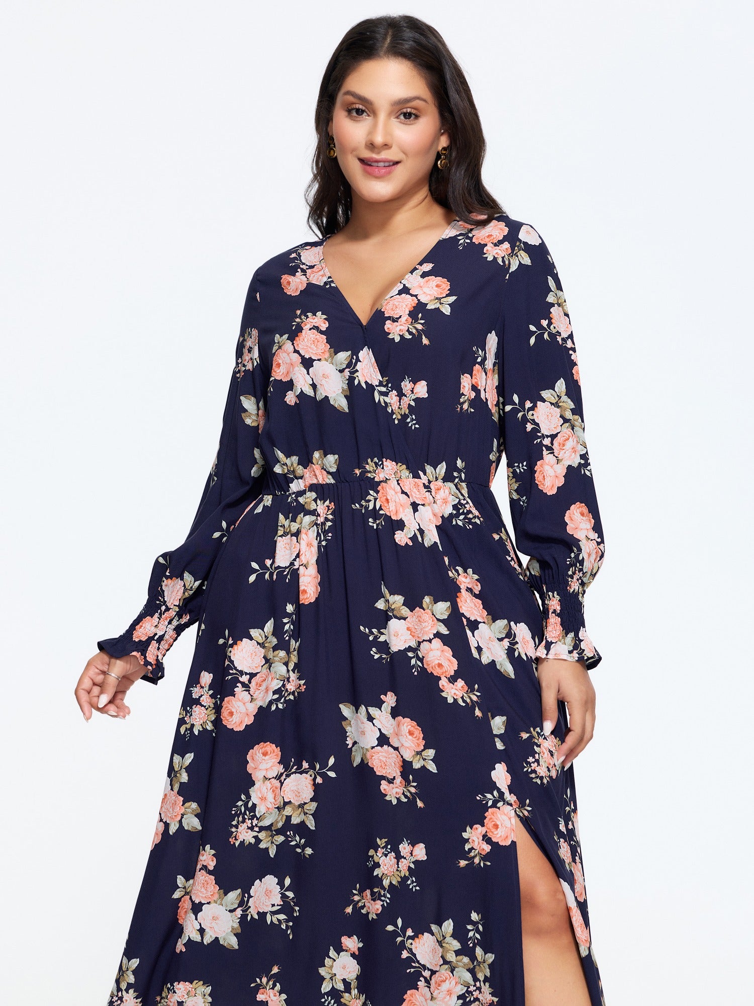 Floral Print Shirred Cuff Split Side Maxi Dress