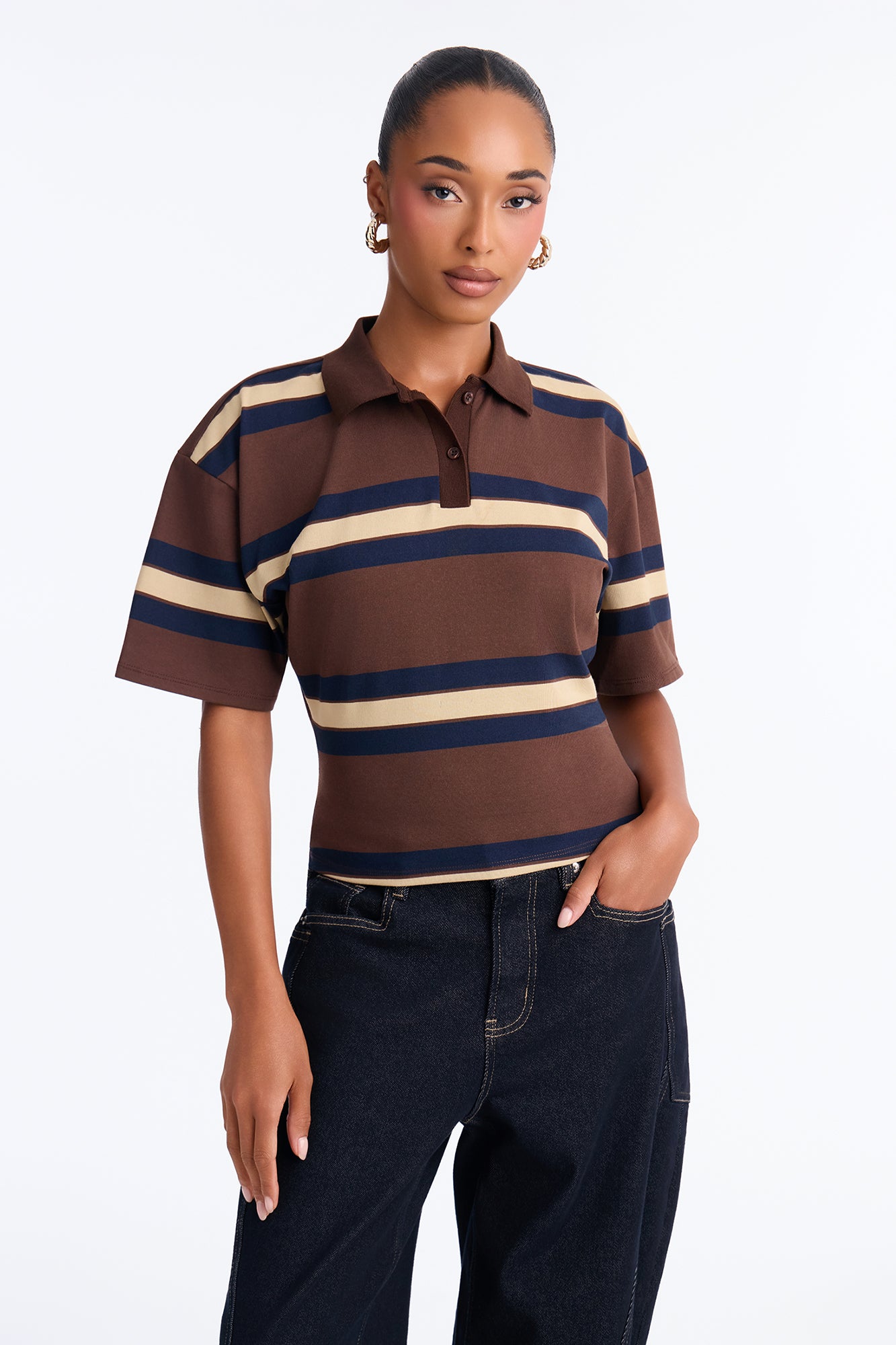 Street Serve Striped Cinched Short Sleeve Polo Top - Brown/combo